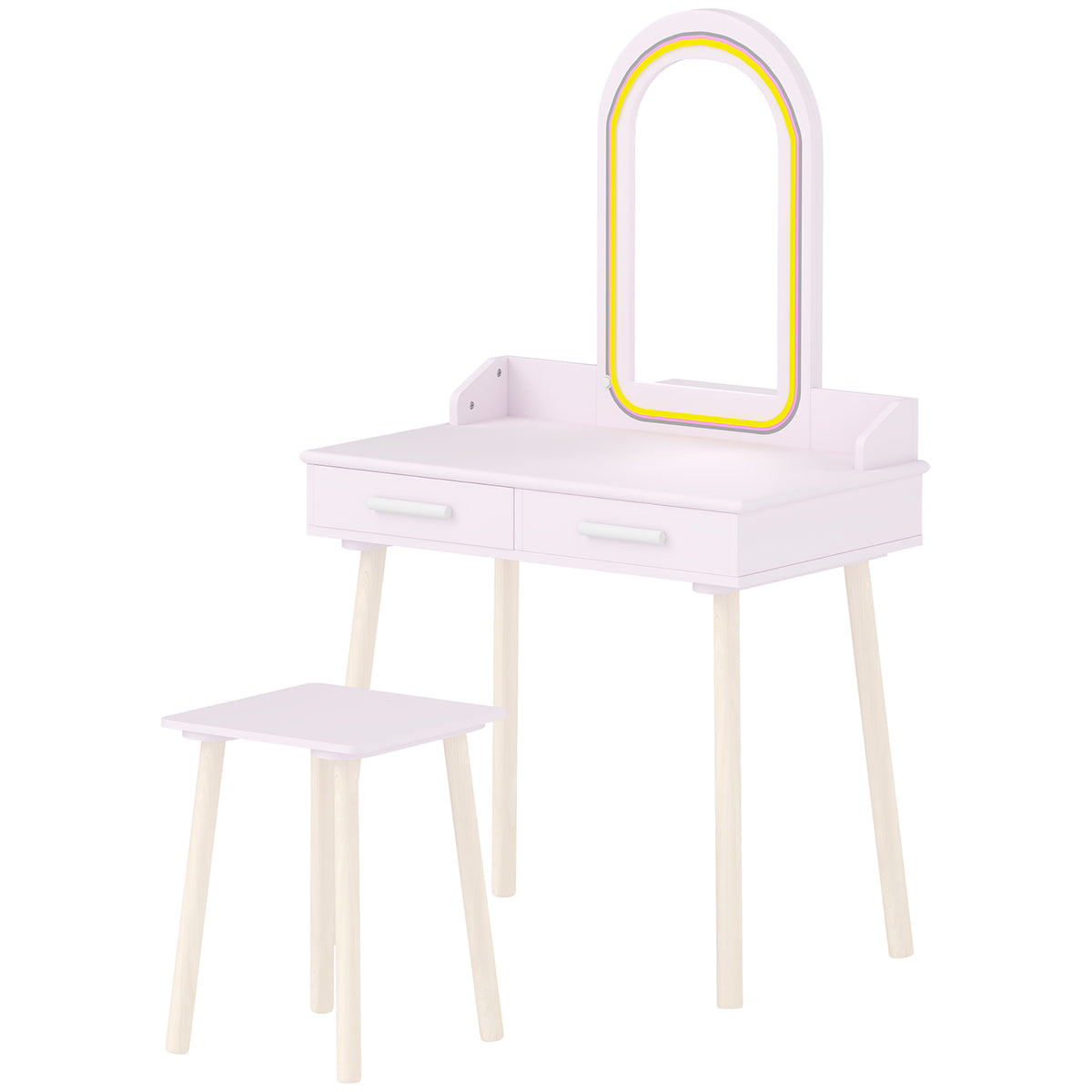 Kids Dressing Table, Girls Vanity Set with Stool, 3-Colour LED Lights Mirror, Large Drawer for Ages 3-8, Pink-Toys & Games > Toddler & Kids Furniture > Kids Bedroom Furniture-DECOROLALA