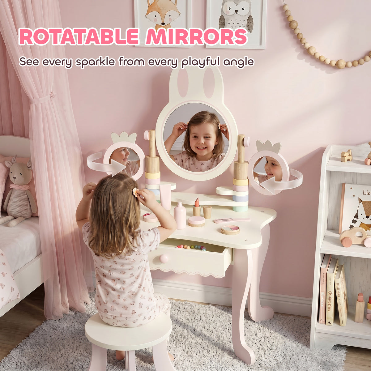 Kids Vanity Set with Stool, Triple Mirror & Accessories - Pink-Toys & Games > Baby & Toddler Toys > Toy Playsets > Toy Vanity-DECOROLALA