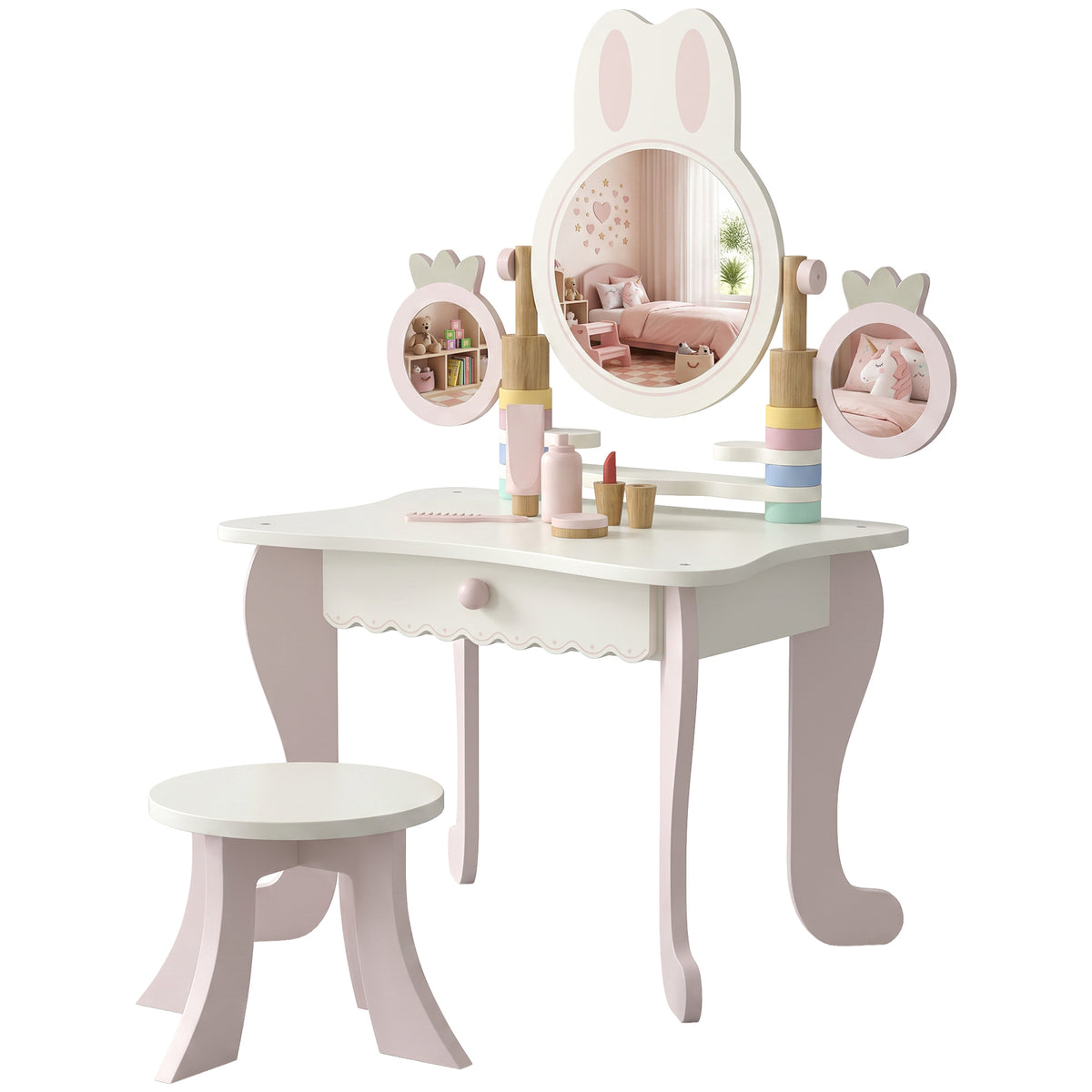 Kids Vanity Set with Stool, Triple Mirror & Accessories - Pink-Toys & Games > Baby & Toddler Toys > Toy Playsets > Toy Vanity-DECOROLALA