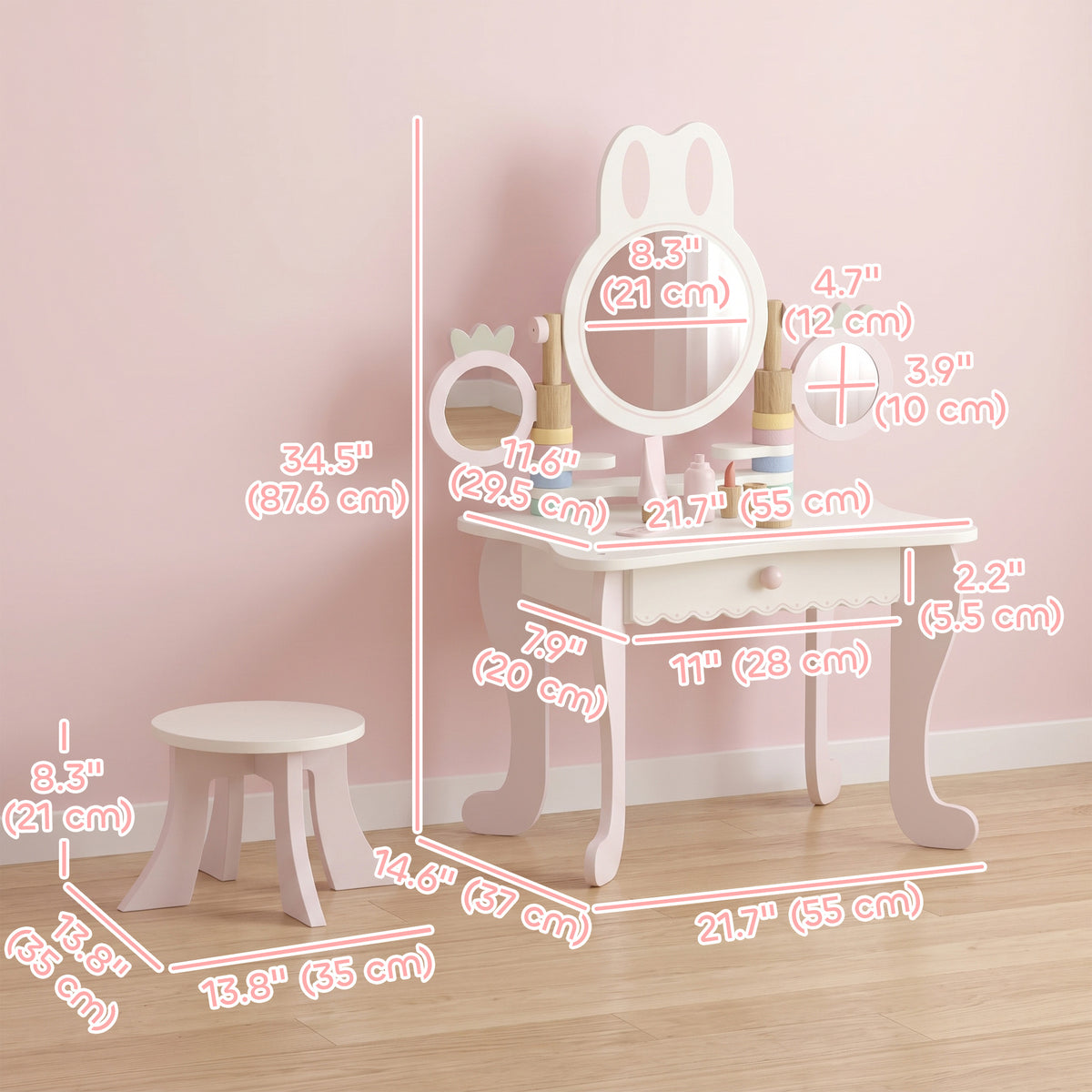 Kids Vanity Set with Stool, Triple Mirror & Accessories - Pink-Toys & Games > Baby & Toddler Toys > Toy Playsets > Toy Vanity-DECOROLALA