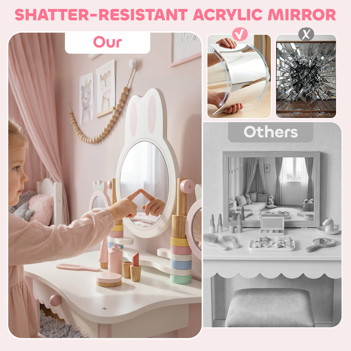 Kids Vanity Set with Stool, Triple Mirror & Accessories - Pink-Toys & Games > Baby & Toddler Toys > Toy Playsets > Toy Vanity-DECOROLALA