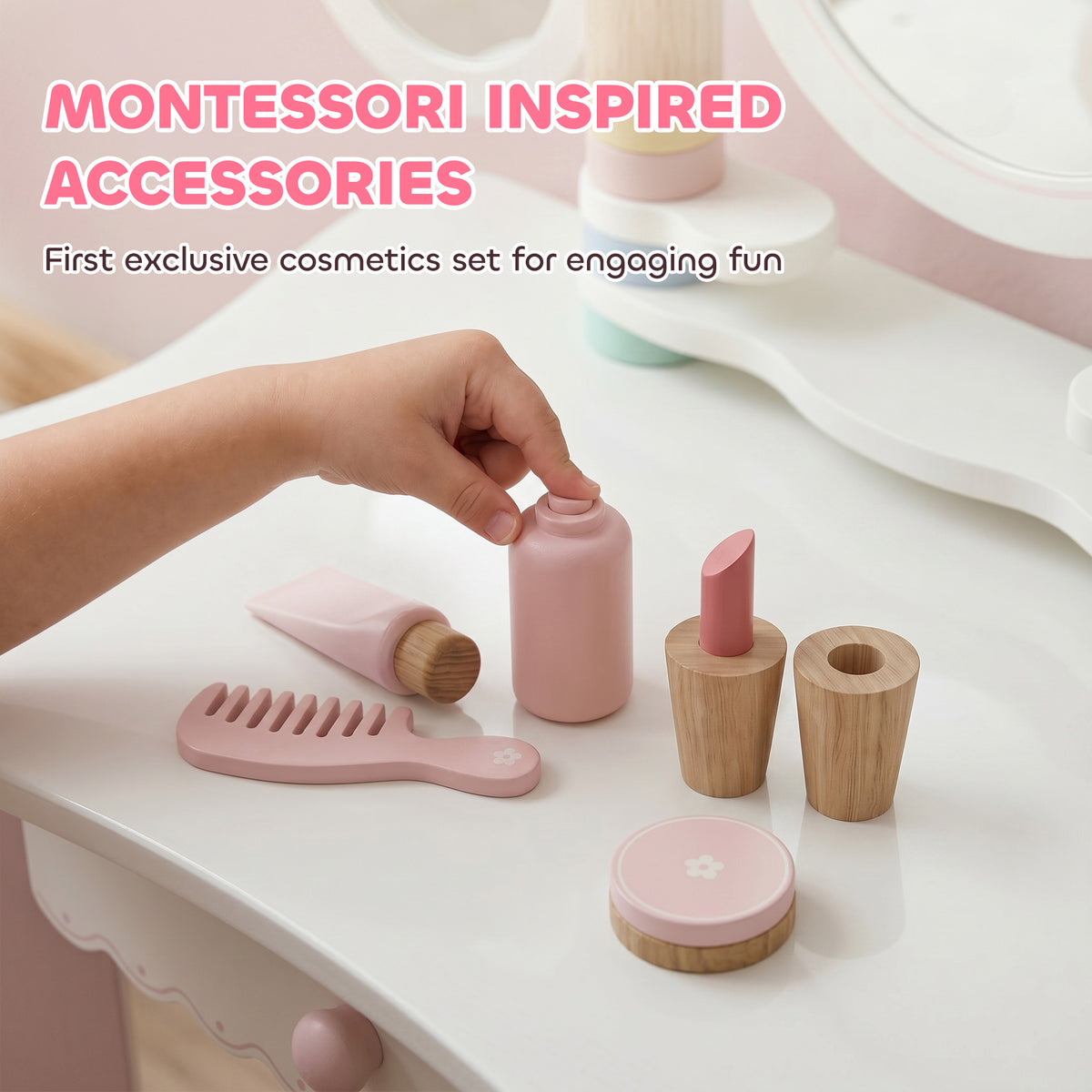 Kids Vanity Set with Stool, Triple Mirror & Accessories - Pink-Toys & Games > Baby & Toddler Toys > Toy Playsets > Toy Vanity-DECOROLALA