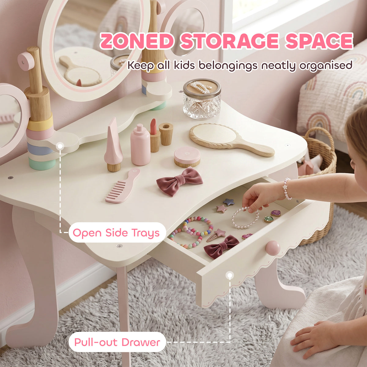 Kids Vanity Set with Stool, Triple Mirror & Accessories - Pink-Toys & Games > Baby & Toddler Toys > Toy Playsets > Toy Vanity-DECOROLALA
