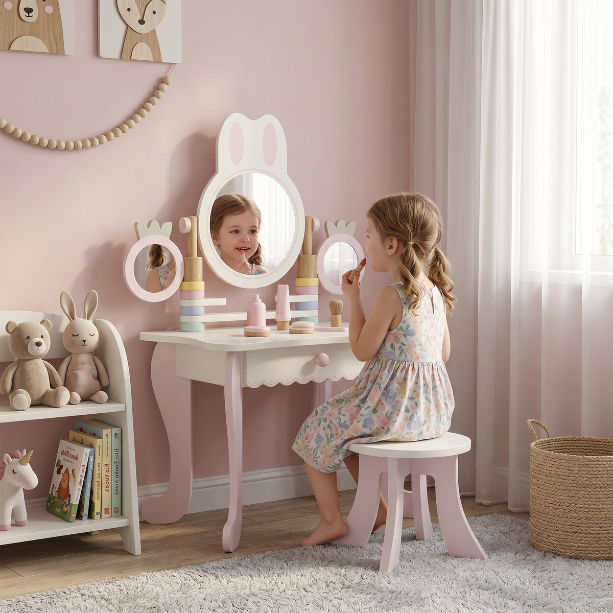 Kids Vanity Set with Stool, Triple Mirror & Accessories - Pink-Toys & Games > Baby & Toddler Toys > Toy Playsets > Toy Vanity-DECOROLALA