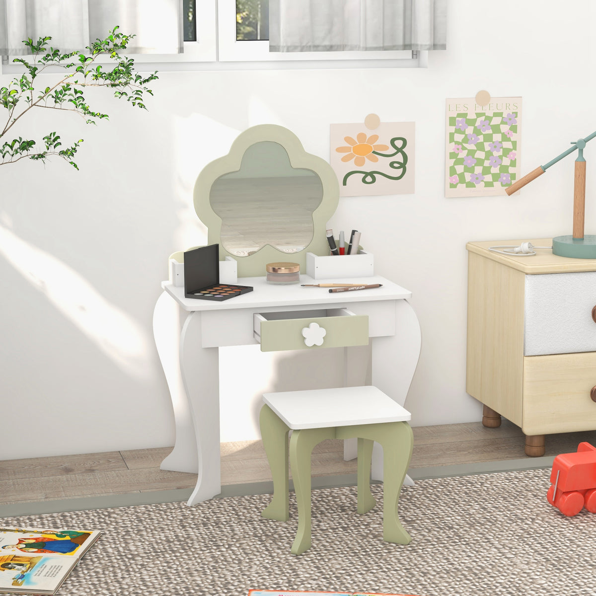 Kids Vanity Set with Stool and Mirror - White Flower Design-Toys & Games > Toddler & Kids Furniture > Kids Bedroom Furniture-DECOROLALA