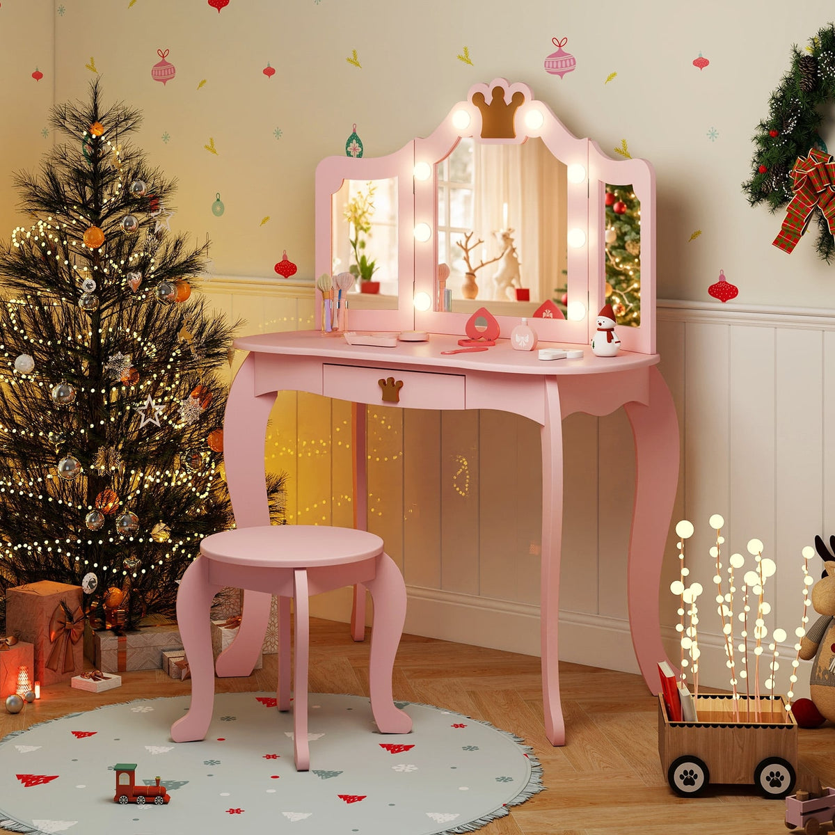 Kids Vanity Set with Tri-fold Lighted Mirror Detachable Top and Stool-Pink-Kids Vanities-DECOROLALA