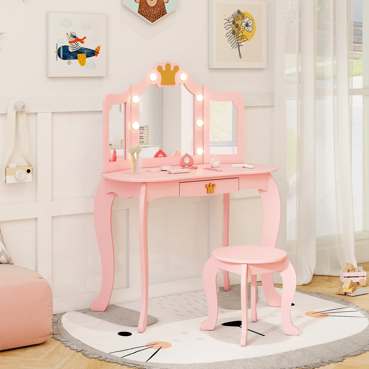 Kids Vanity Set with Tri-fold Lighted Mirror Detachable Top and Stool-Pink-Kids Vanities-DECOROLALA