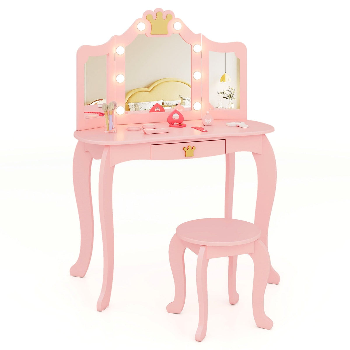 Kids Vanity Set with Tri-fold Lighted Mirror Detachable Top and Stool-Pink-Kids Vanities-DECOROLALA