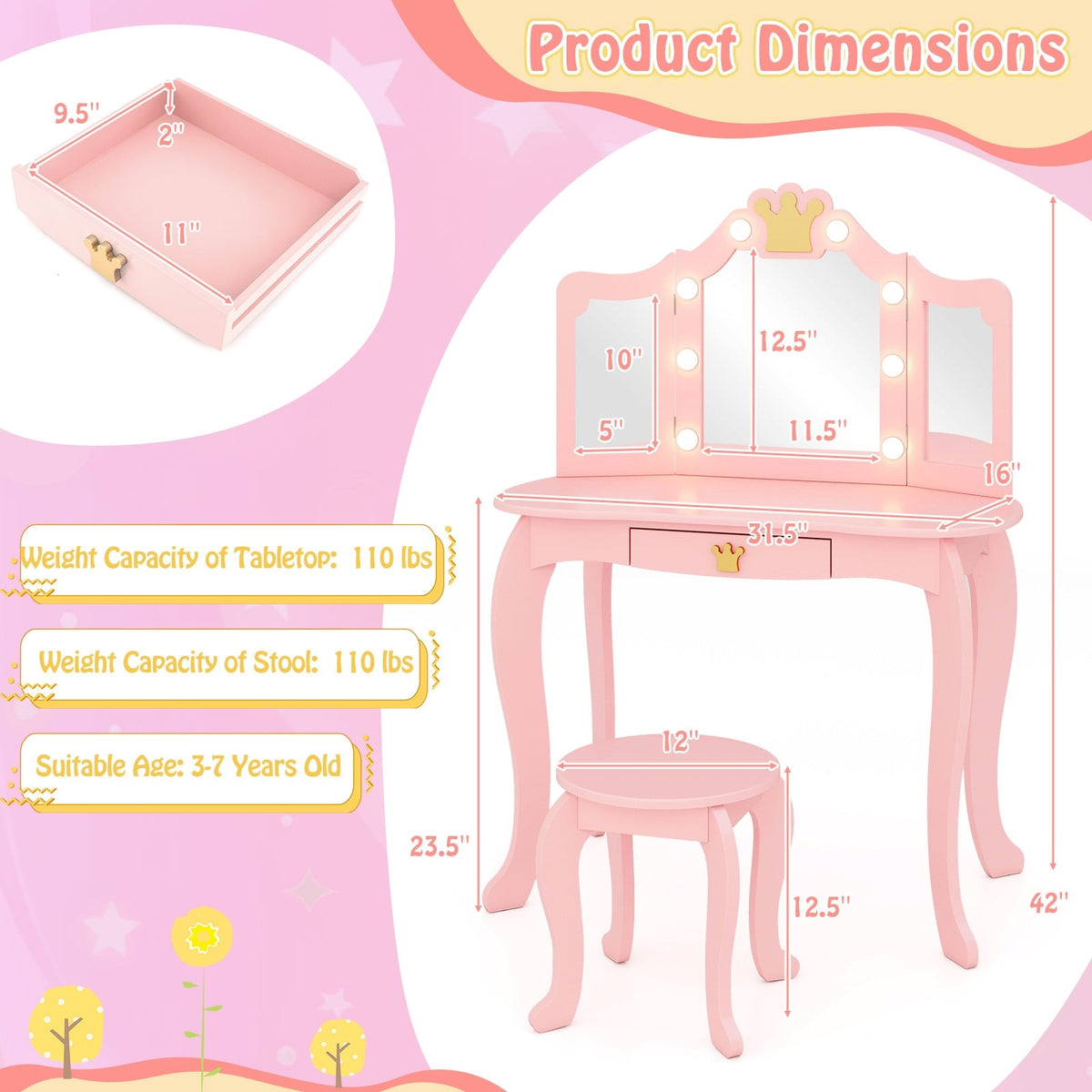 Kids Vanity Set with Tri-fold Lighted Mirror Detachable Top and Stool-Pink-Kids Vanities-DECOROLALA