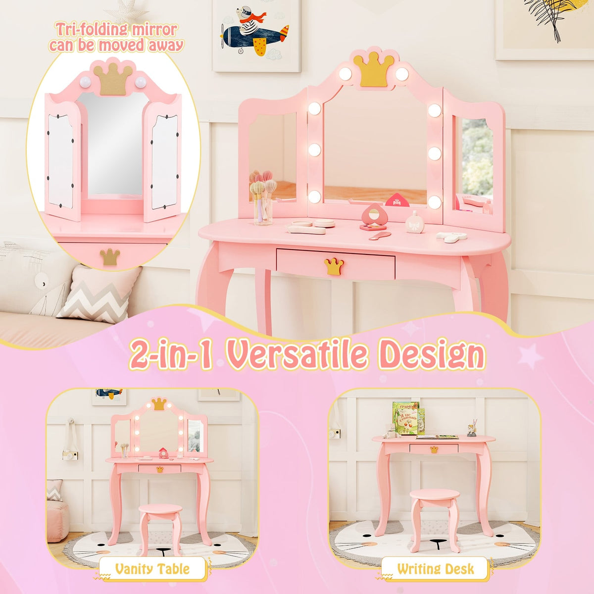 Kids Vanity Set with Tri-fold Lighted Mirror Detachable Top and Stool-Pink-Kids Vanities-DECOROLALA