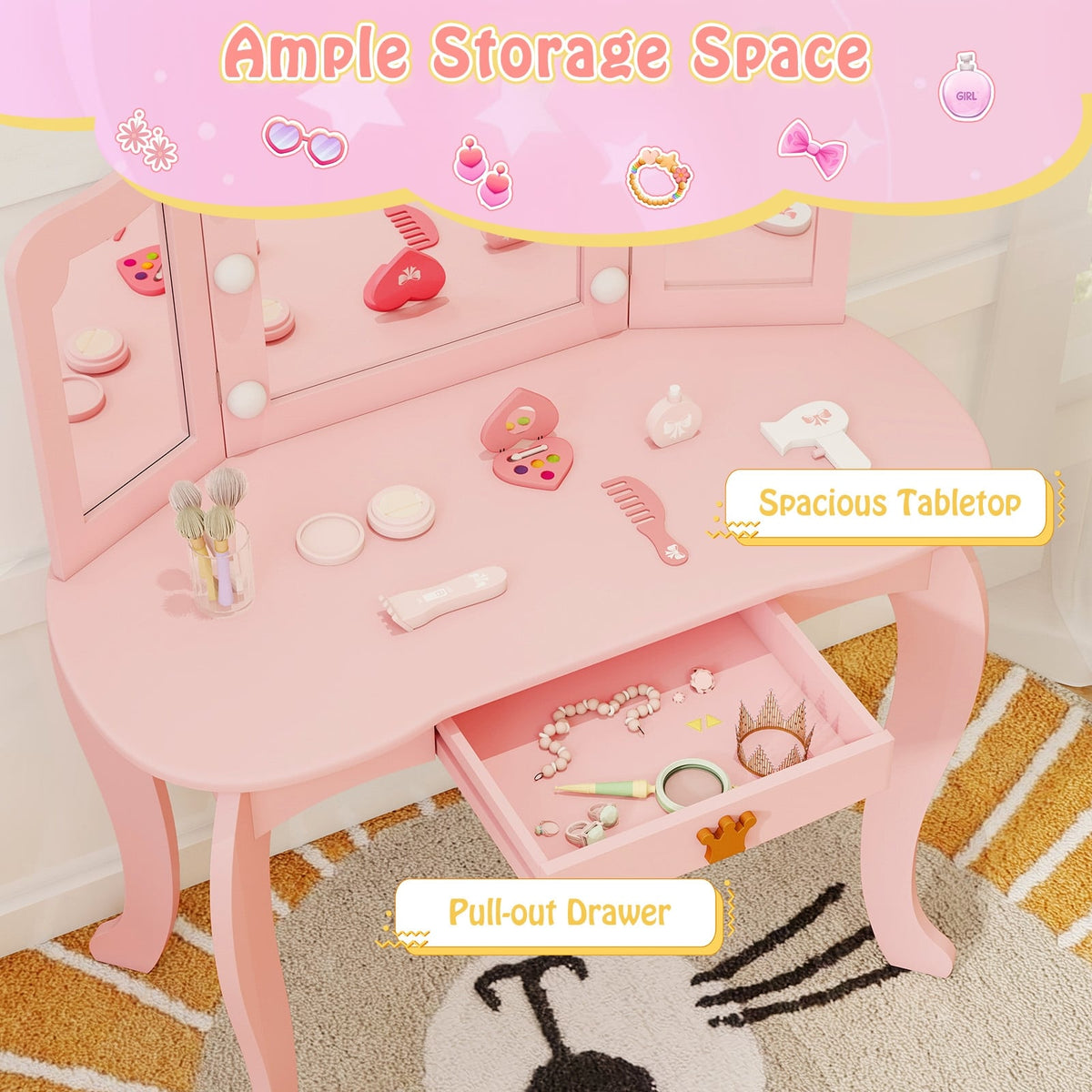 Kids Vanity Set with Tri-fold Lighted Mirror Detachable Top and Stool-Pink-Kids Vanities-DECOROLALA