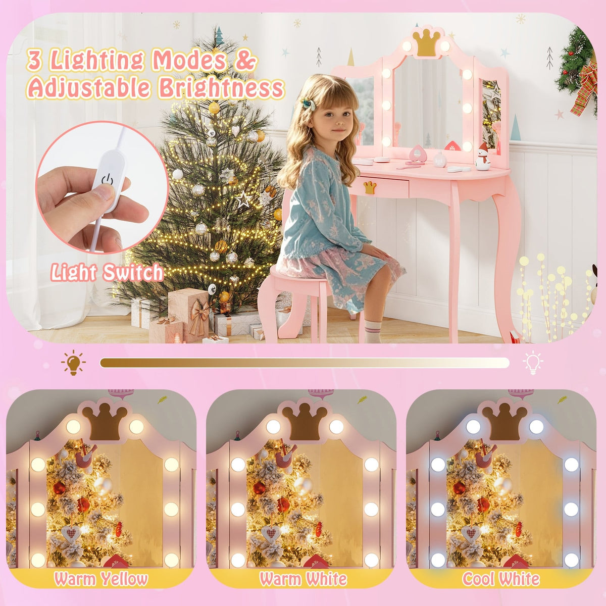 Kids Vanity Set with Tri-fold Lighted Mirror Detachable Top and Stool-Pink-Kids Vanities-DECOROLALA