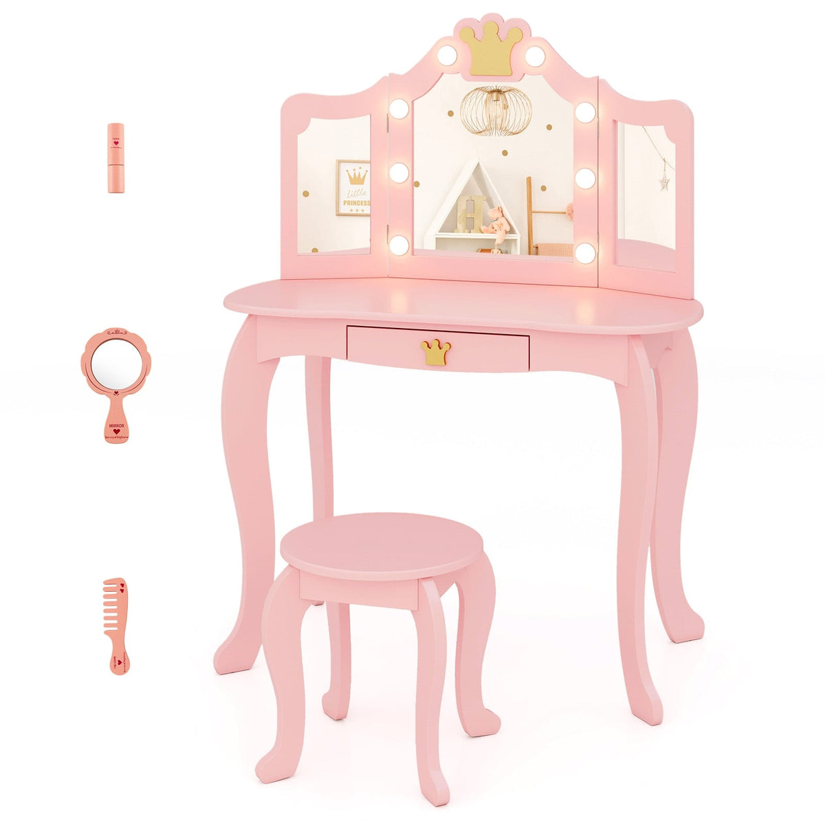 Kids Vanity Set with Tri-fold Lighted Mirror Detachable Top and Stool-Pink-Kids Vanities-DECOROLALA