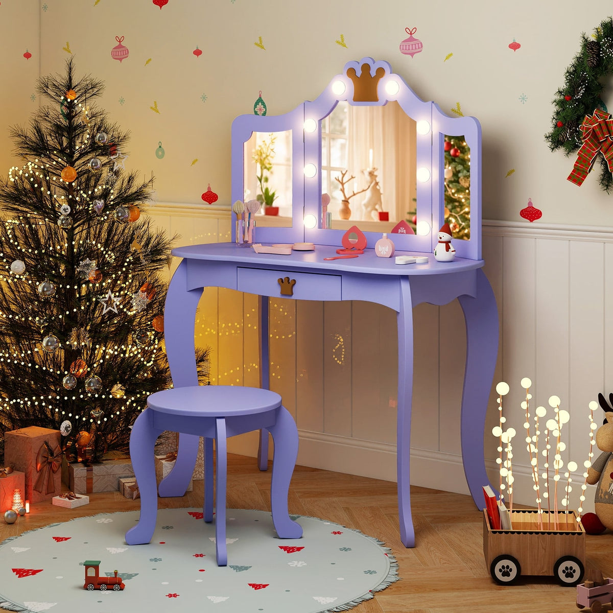 Kids Vanity Set with Tri-fold Lighted Mirror Detachable Top and Stool-Purple-Kids Vanities-DECOROLALA