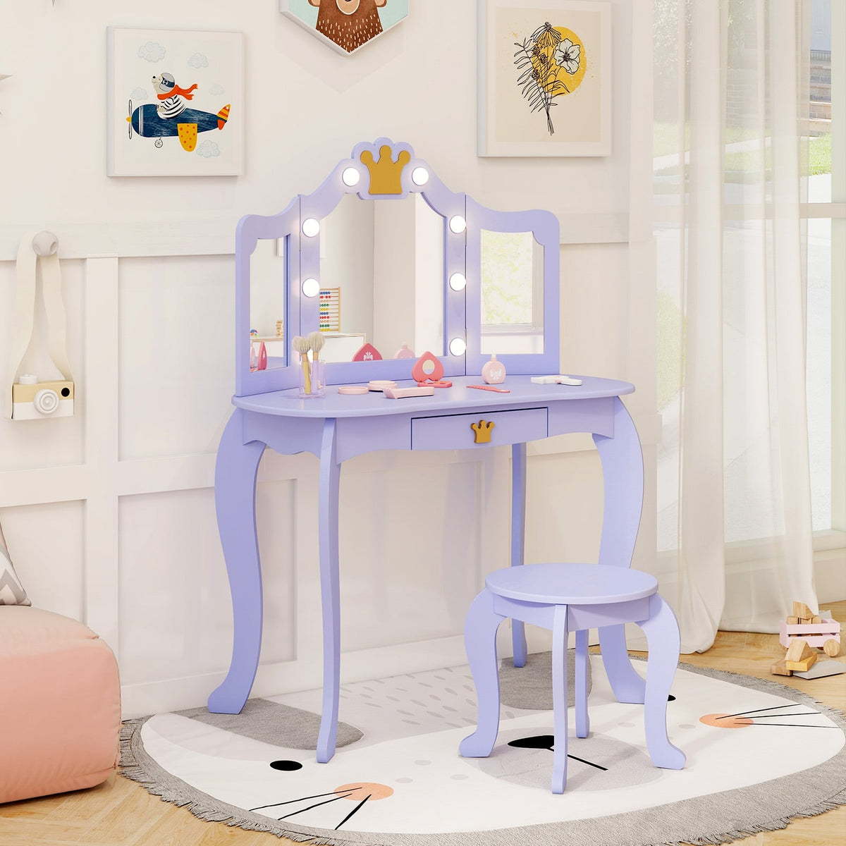 Kids Vanity Set with Tri-fold Lighted Mirror Detachable Top and Stool-Purple-Kids Vanities-DECOROLALA