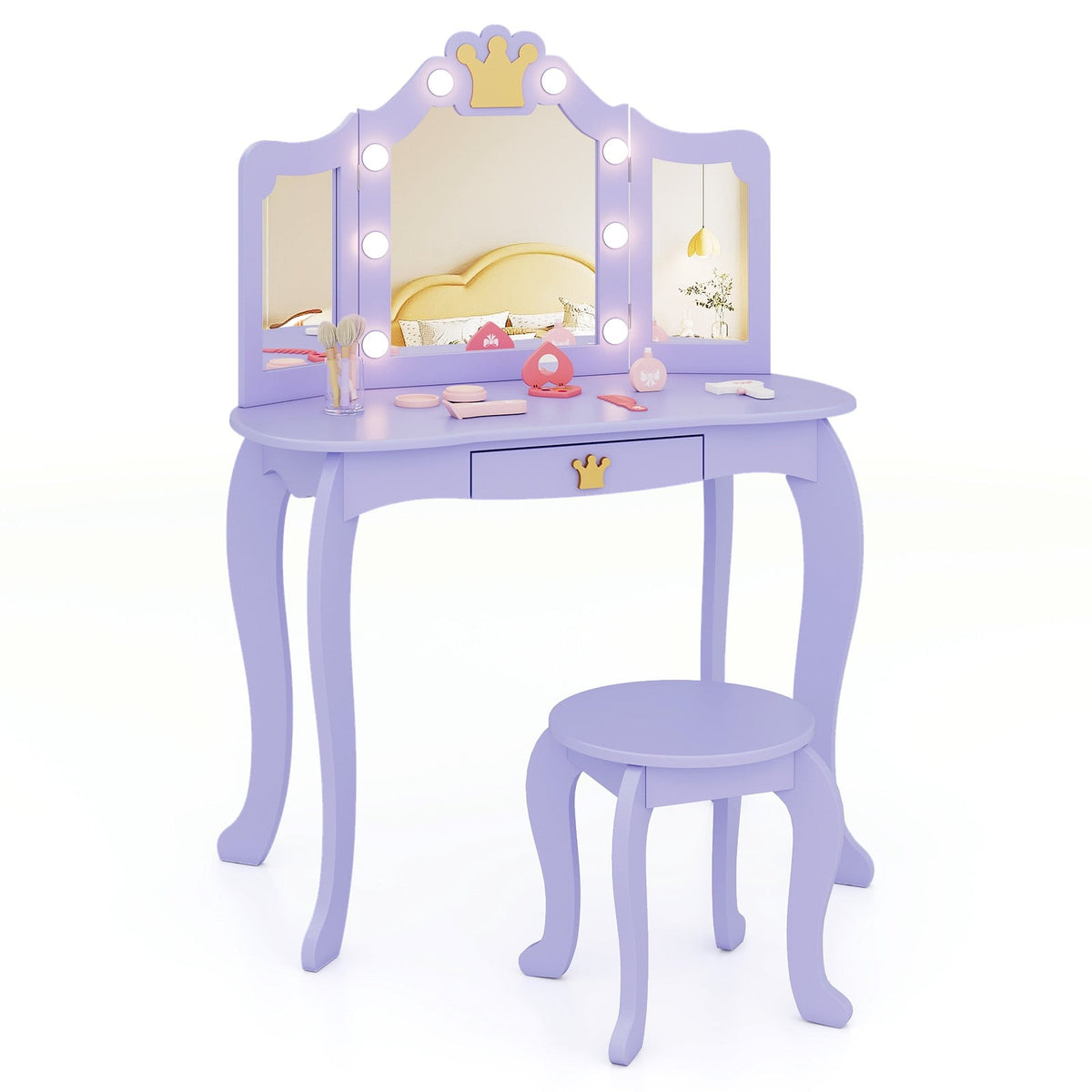 Kids Vanity Set with Tri-fold Lighted Mirror Detachable Top and Stool-Purple-Kids Vanities-DECOROLALA