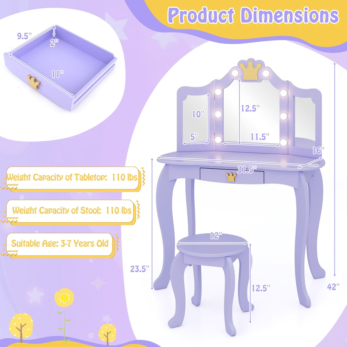 Kids Vanity Set with Tri-fold Lighted Mirror Detachable Top and Stool-Purple-Kids Vanities-DECOROLALA