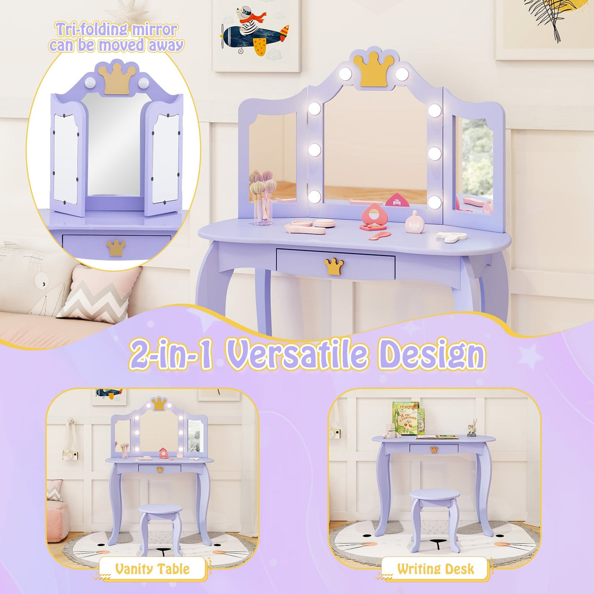 Kids Vanity Set with Tri-fold Lighted Mirror Detachable Top and Stool-Purple-Kids Vanities-DECOROLALA