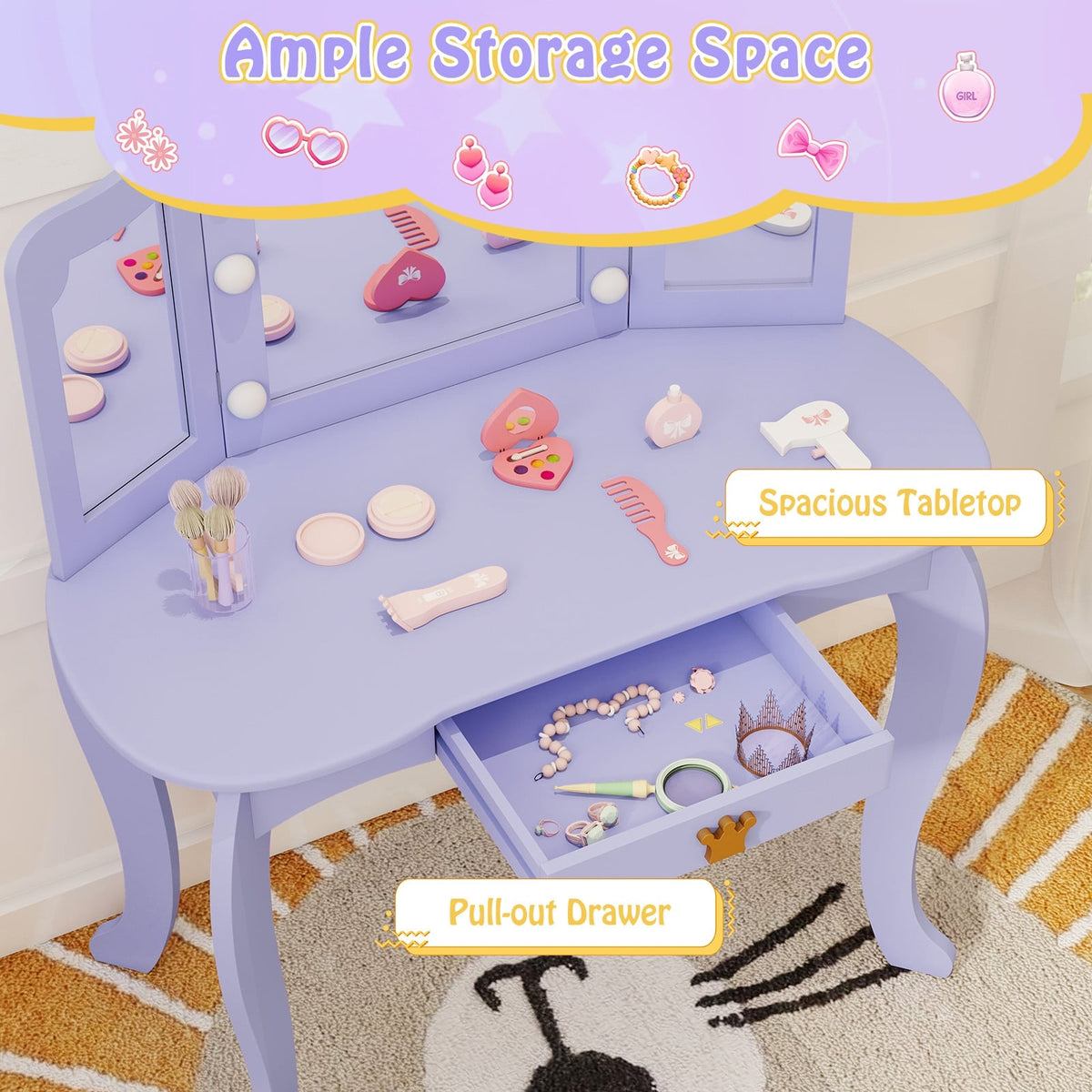 Kids Vanity Set with Tri-fold Lighted Mirror Detachable Top and Stool-Purple-Kids Vanities-DECOROLALA