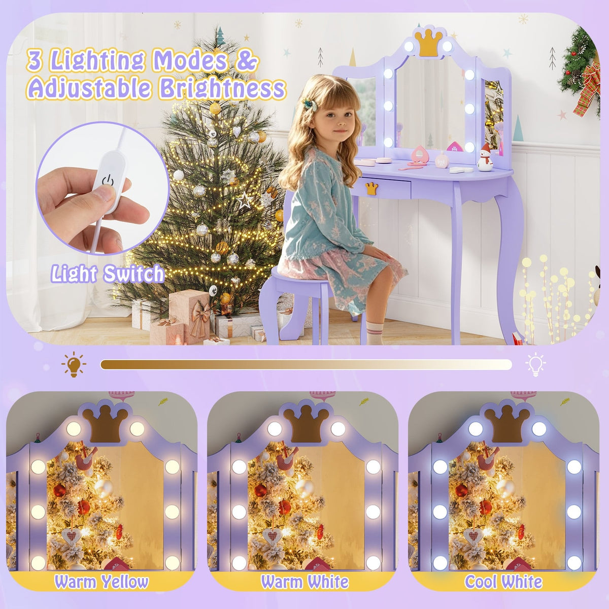 Kids Vanity Set with Tri-fold Lighted Mirror Detachable Top and Stool-Purple-Kids Vanities-DECOROLALA