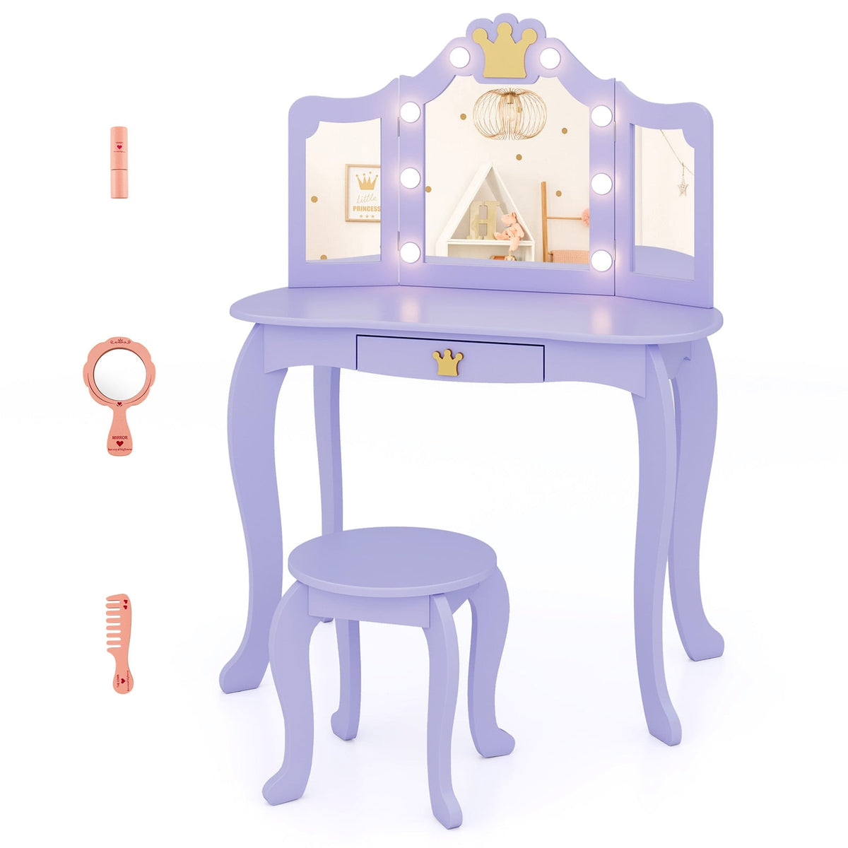 Kids Vanity Set with Tri-fold Lighted Mirror Detachable Top and Stool-Purple-Kids Vanities-DECOROLALA