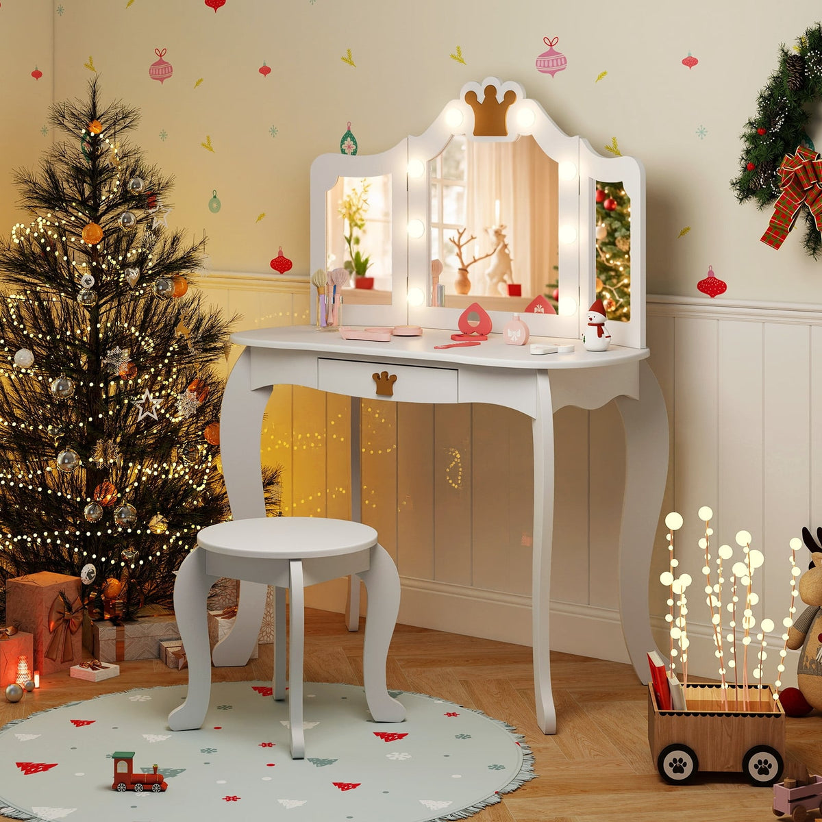 Kids Vanity Set with Tri-fold Lighted Mirror Detachable Top and Stool-White-Kids Vanities-DECOROLALA