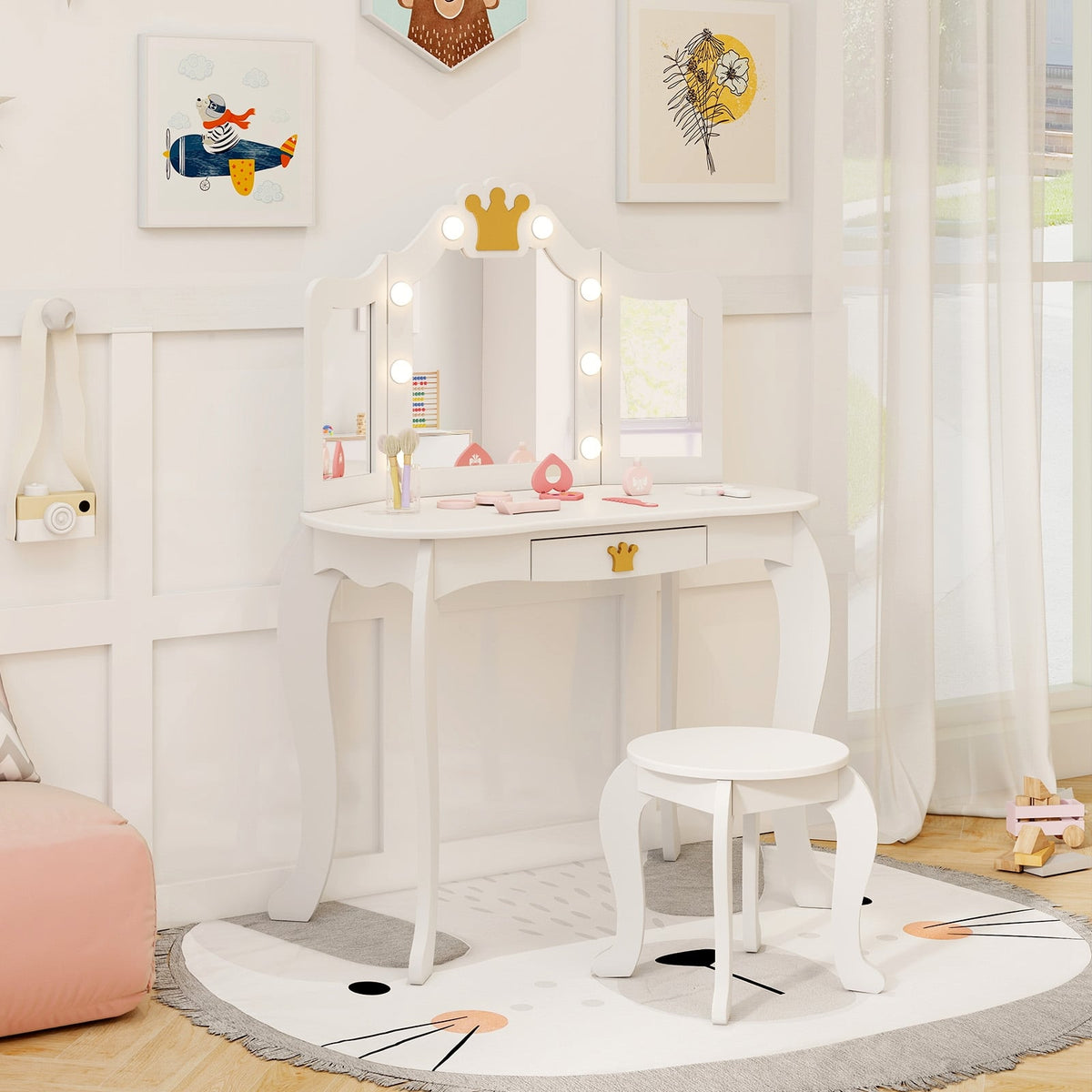 Kids Vanity Set with Tri-fold Lighted Mirror Detachable Top and Stool-White-Kids Vanities-DECOROLALA