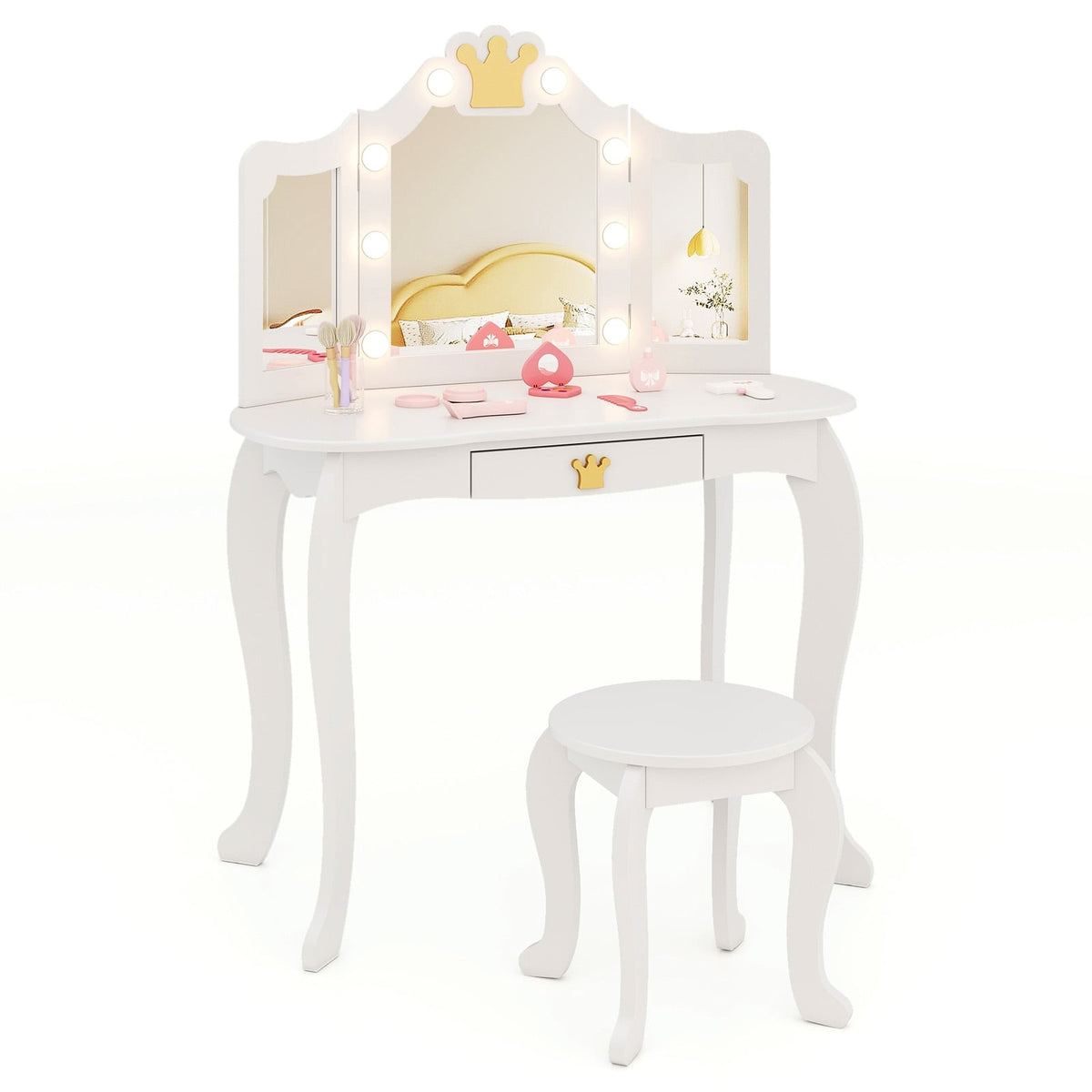 Kids Vanity Set with Tri-fold Lighted Mirror Detachable Top and Stool-White-Kids Vanities-DECOROLALA