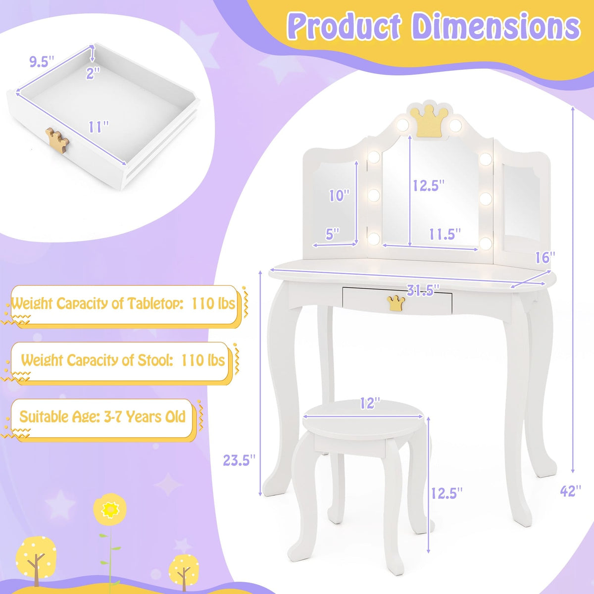 Kids Vanity Set with Tri-fold Lighted Mirror Detachable Top and Stool-White-Kids Vanities-DECOROLALA