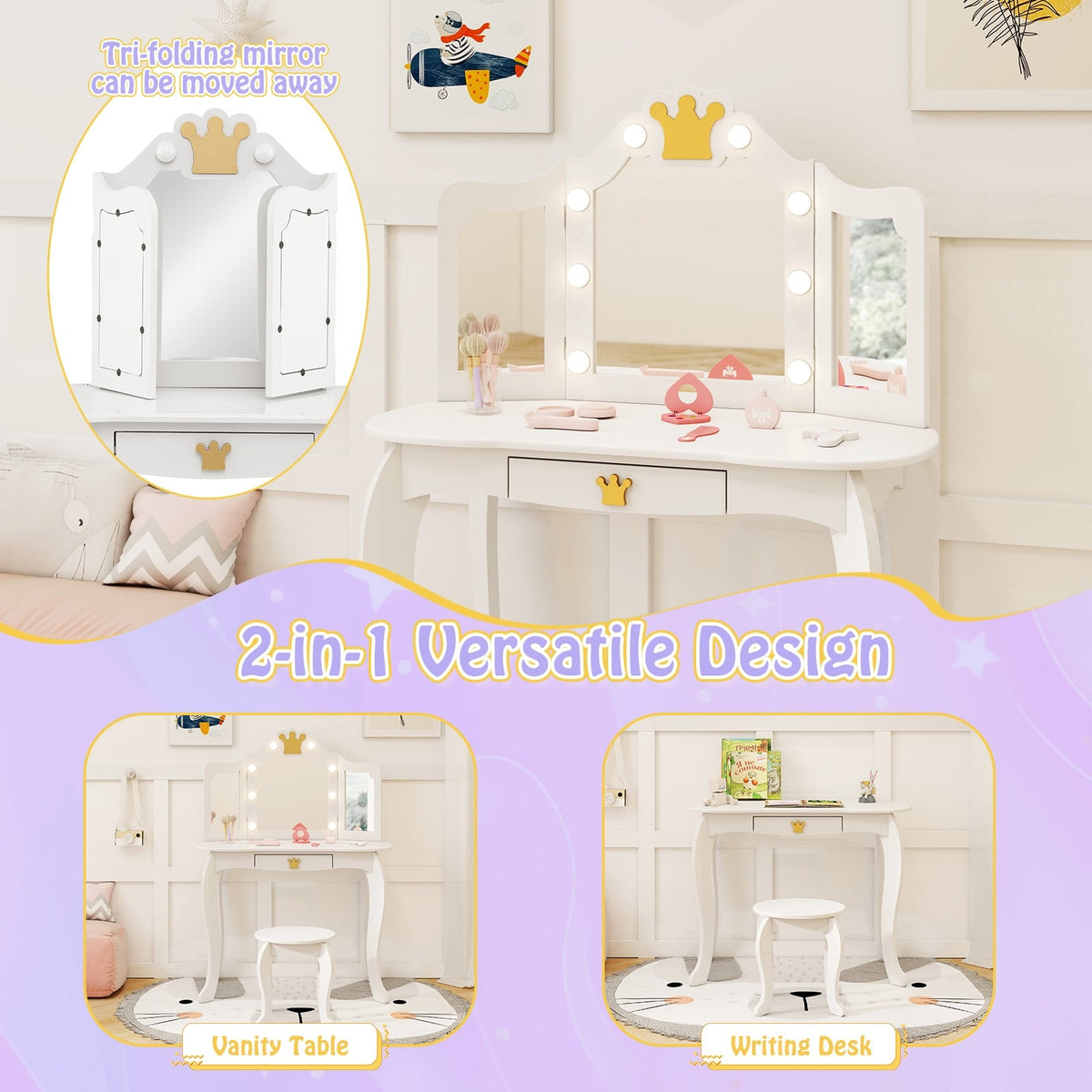 Kids Vanity Set with Tri-fold Lighted Mirror Detachable Top and Stool-White-Kids Vanities-DECOROLALA