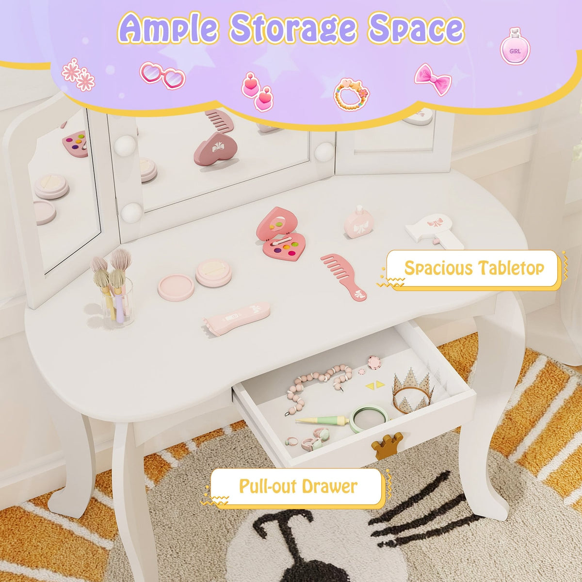 Kids Vanity Set with Tri-fold Lighted Mirror Detachable Top and Stool-White-Kids Vanities-DECOROLALA