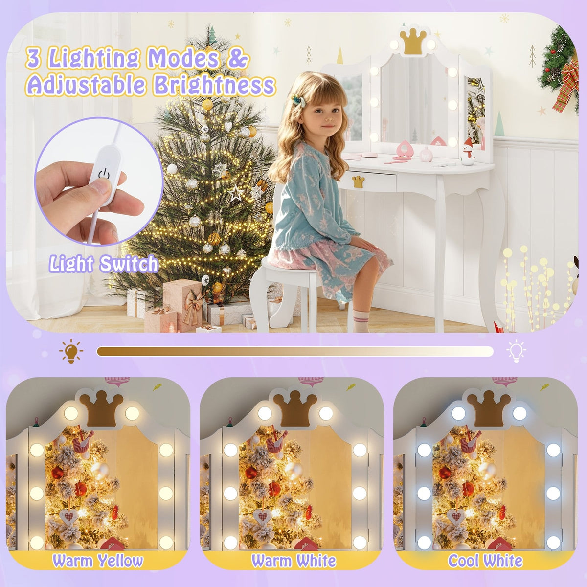 Kids Vanity Set with Tri-fold Lighted Mirror Detachable Top and Stool-White-Kids Vanities-DECOROLALA