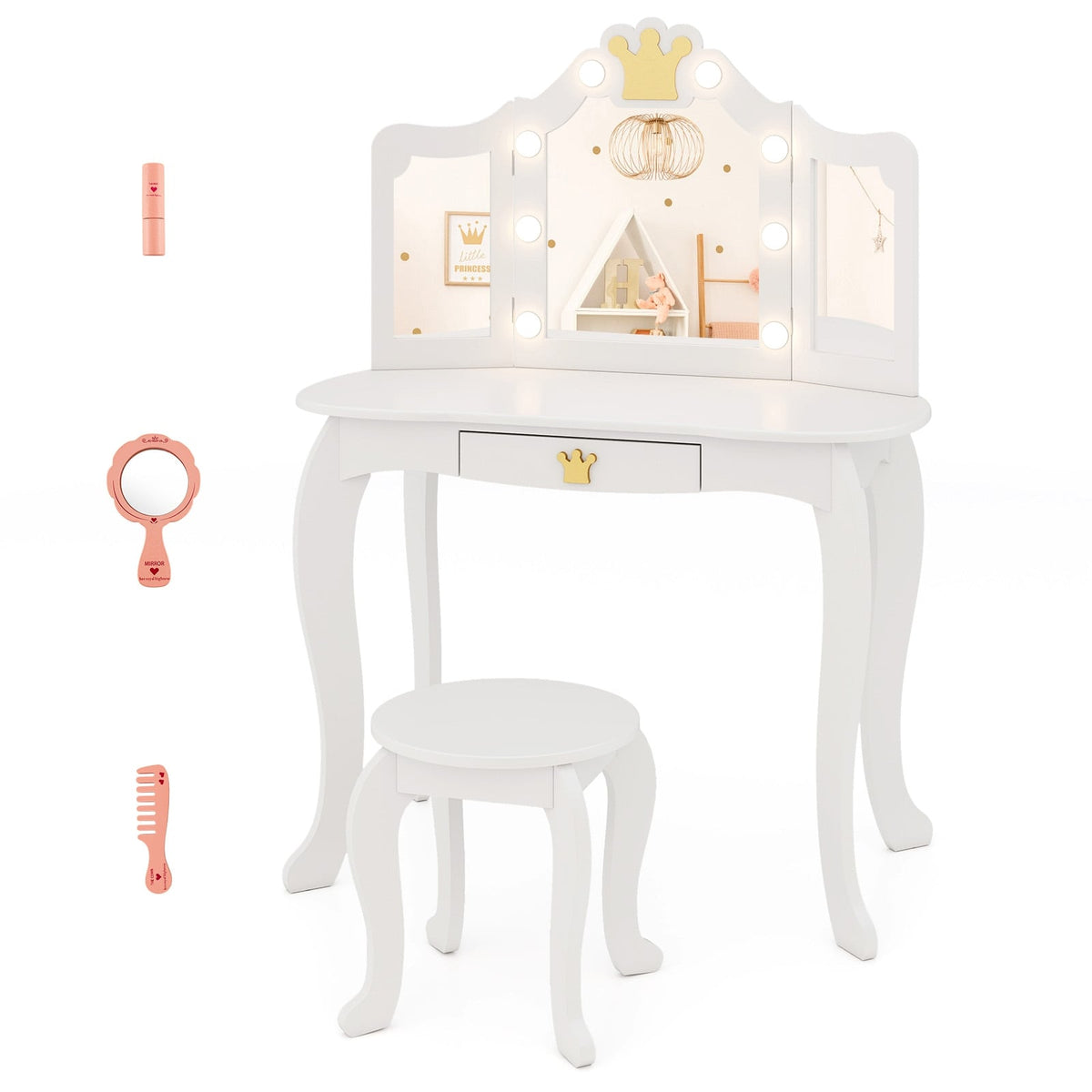 Kids Vanity Set with Tri-fold Lighted Mirror Detachable Top and Stool-White-Kids Vanities-DECOROLALA