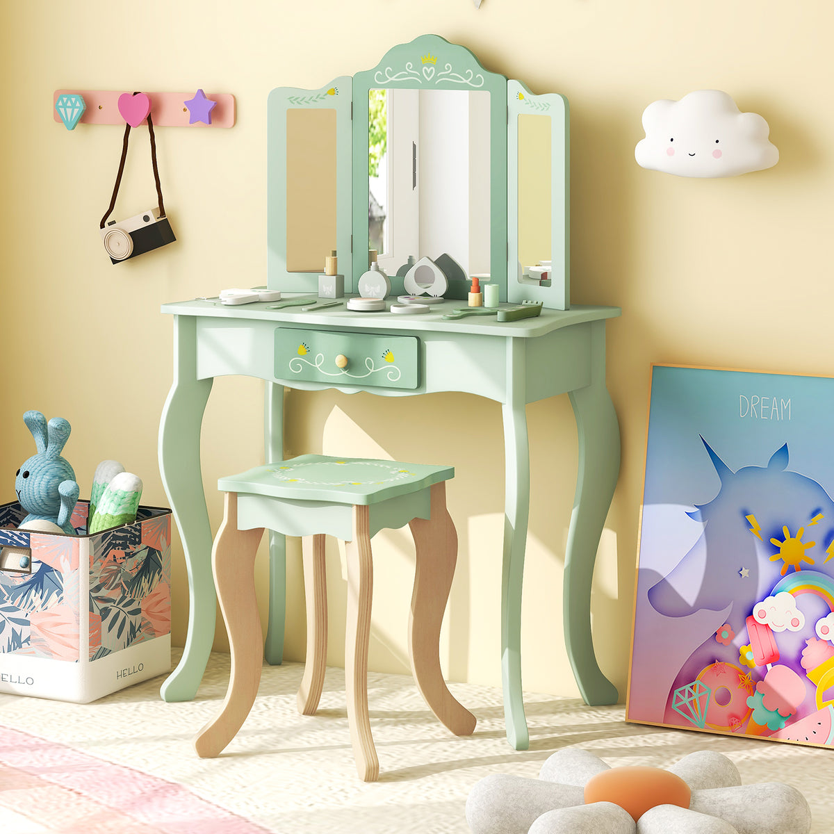 Kids Vanity Set with Tri-folding Mirror-Green-Kids Vanities-DECOROLALA
