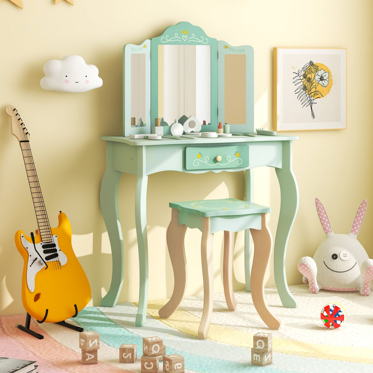 Kids Vanity Set with Tri-folding Mirror-Green-Kids Vanities-DECOROLALA