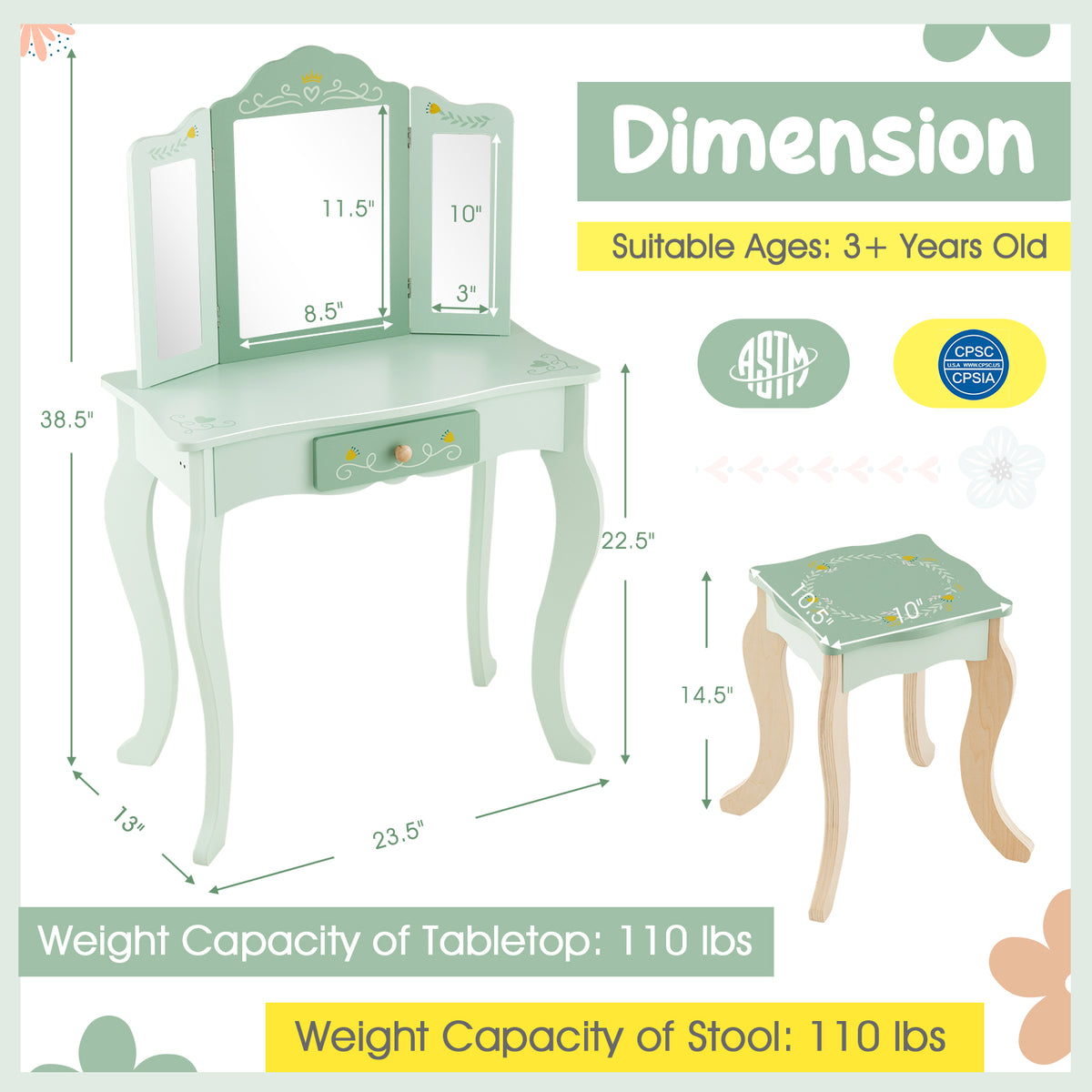 Kids Vanity Set with Tri-folding Mirror-Green-Kids Vanities-DECOROLALA
