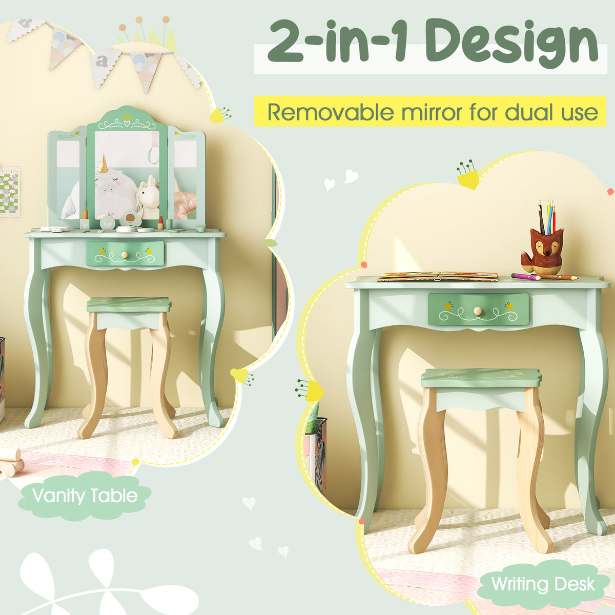 Kids Vanity Set with Tri-folding Mirror-Green-Kids Vanities-DECOROLALA