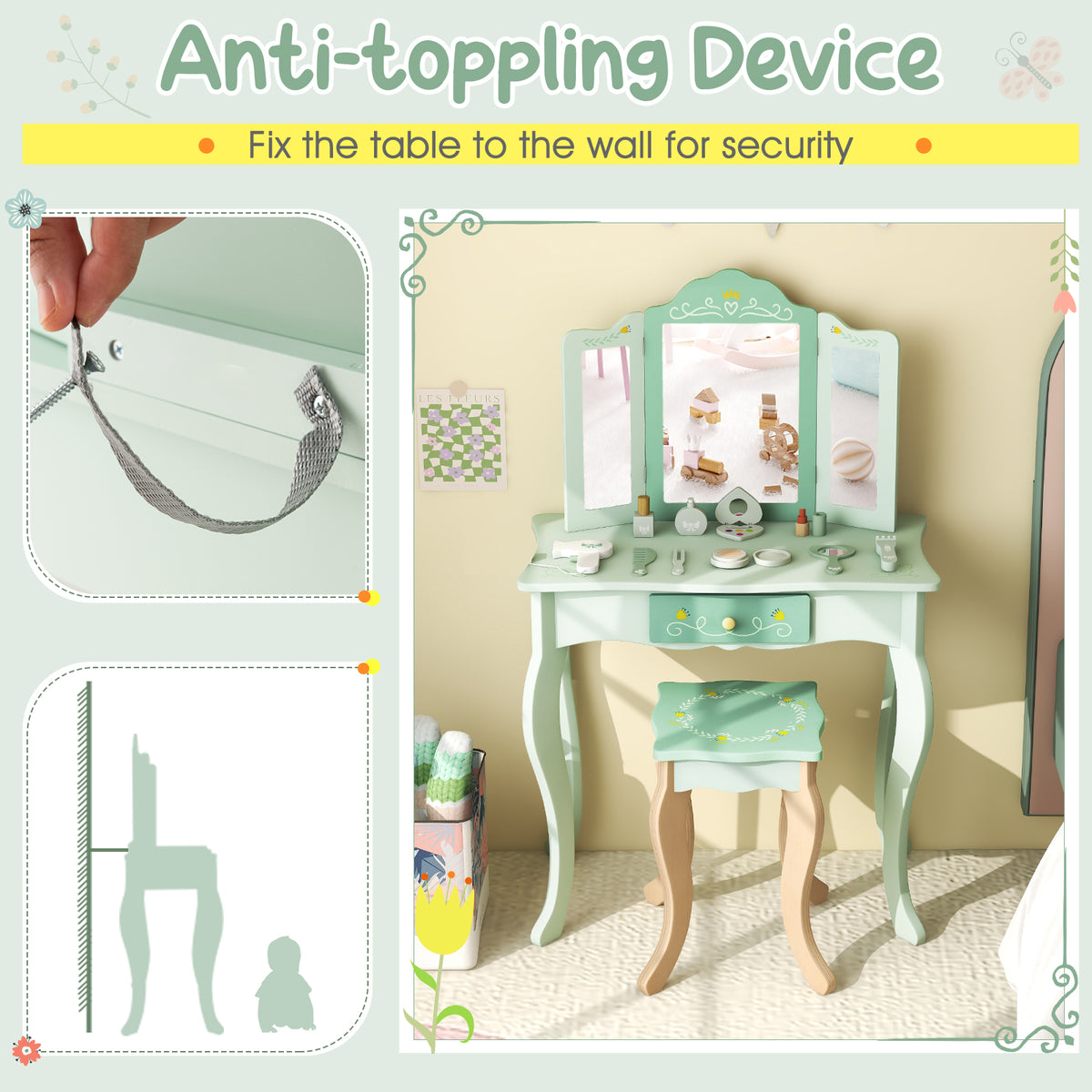 Kids Vanity Set with Tri-folding Mirror-Green-Kids Vanities-DECOROLALA