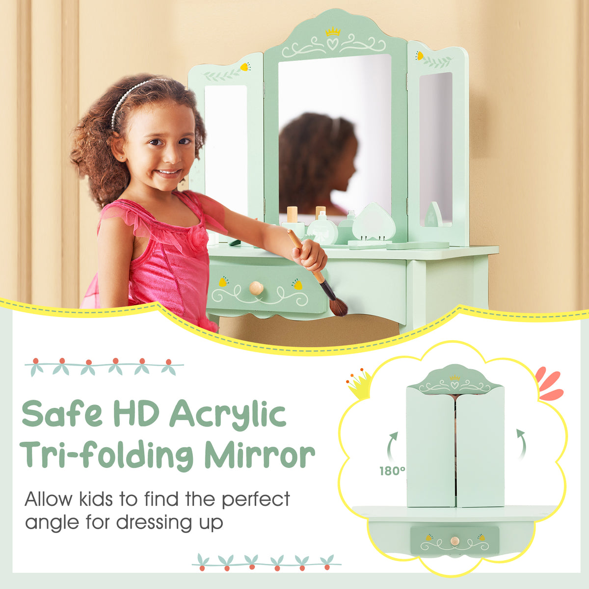Kids Vanity Set with Tri-folding Mirror-Green-Kids Vanities-DECOROLALA