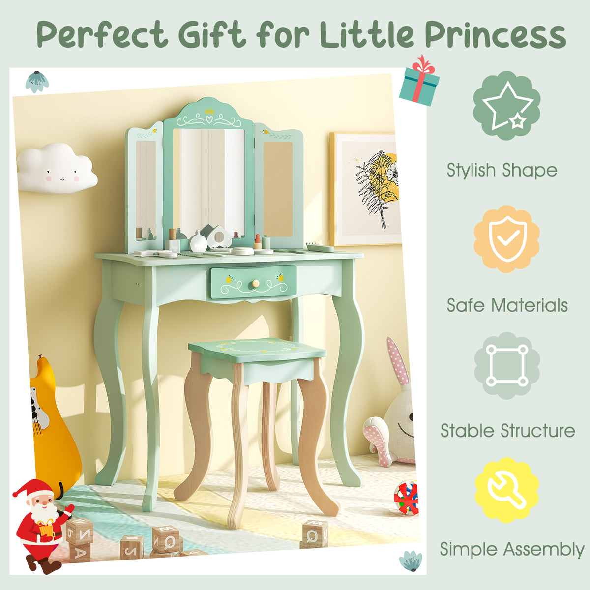 Kids Vanity Set with Tri-folding Mirror-Green-Kids Vanities-DECOROLALA