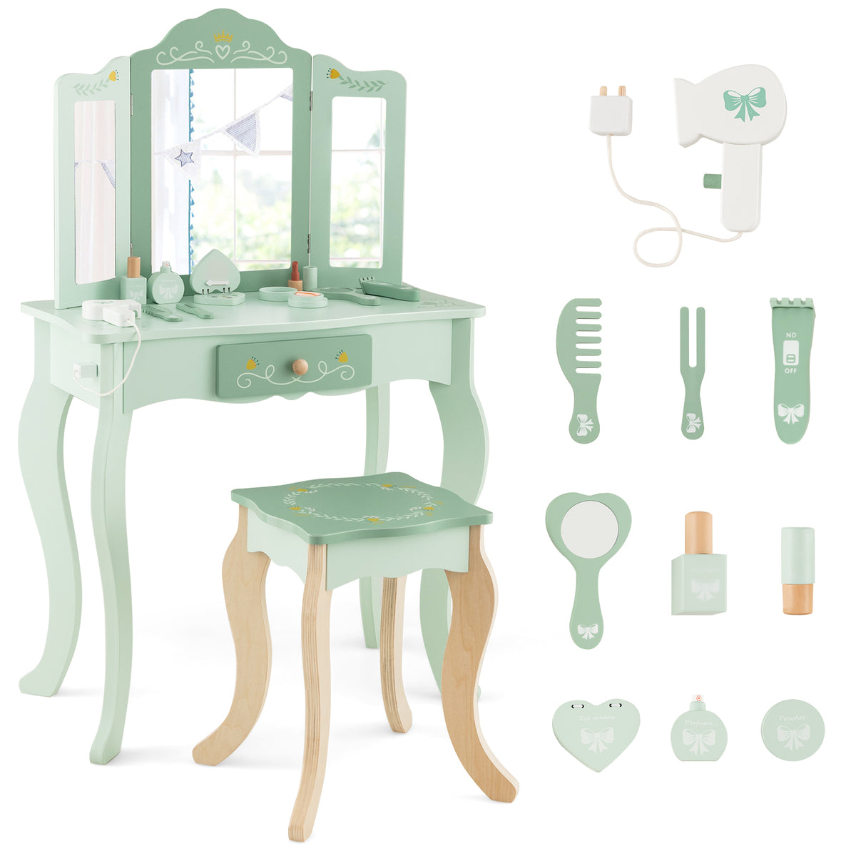 Kids Vanity Set with Tri-folding Mirror-Green-Kids Vanities-DECOROLALA