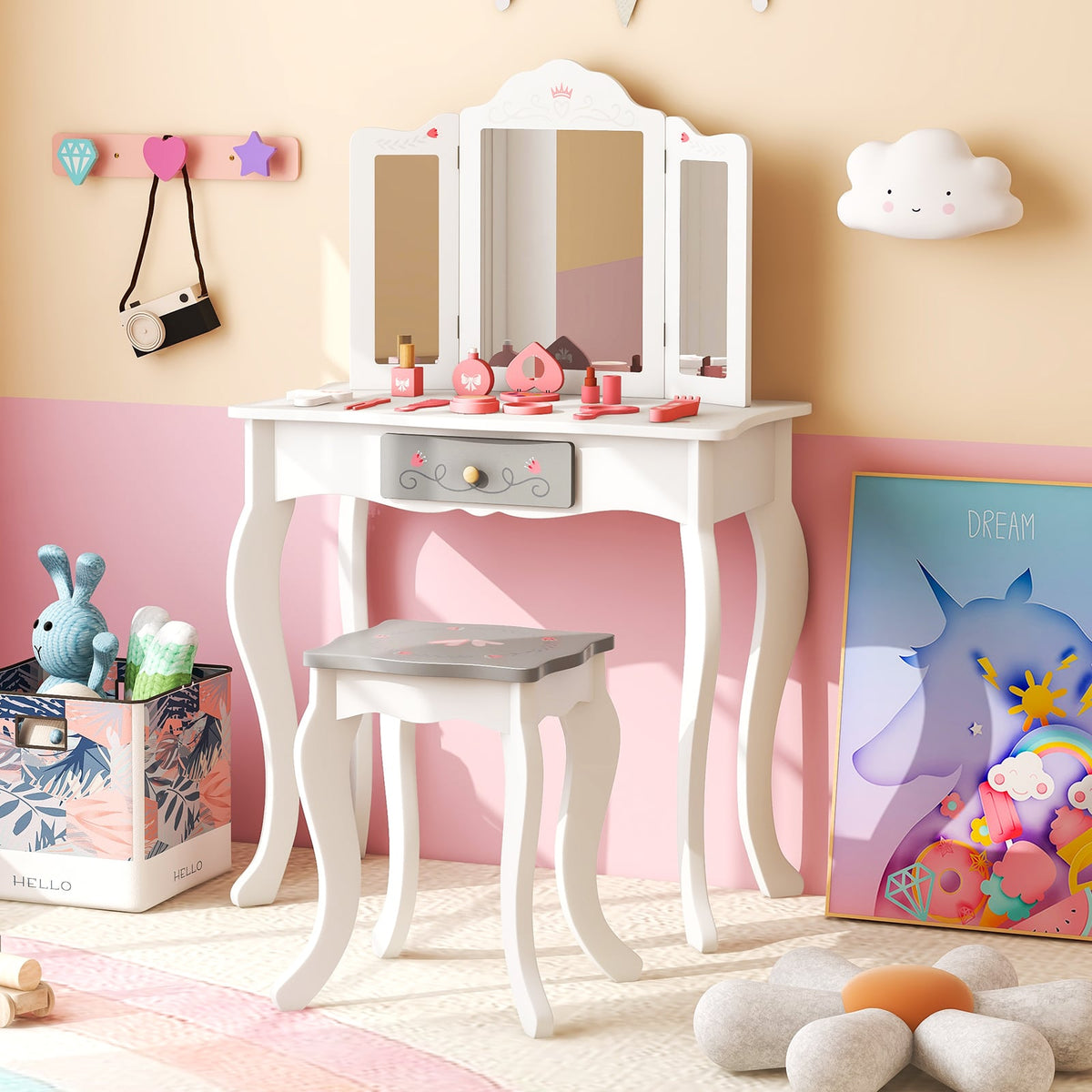 Kids Vanity Set with Tri-folding Mirror-White-Kids Vanities-DECOROLALA