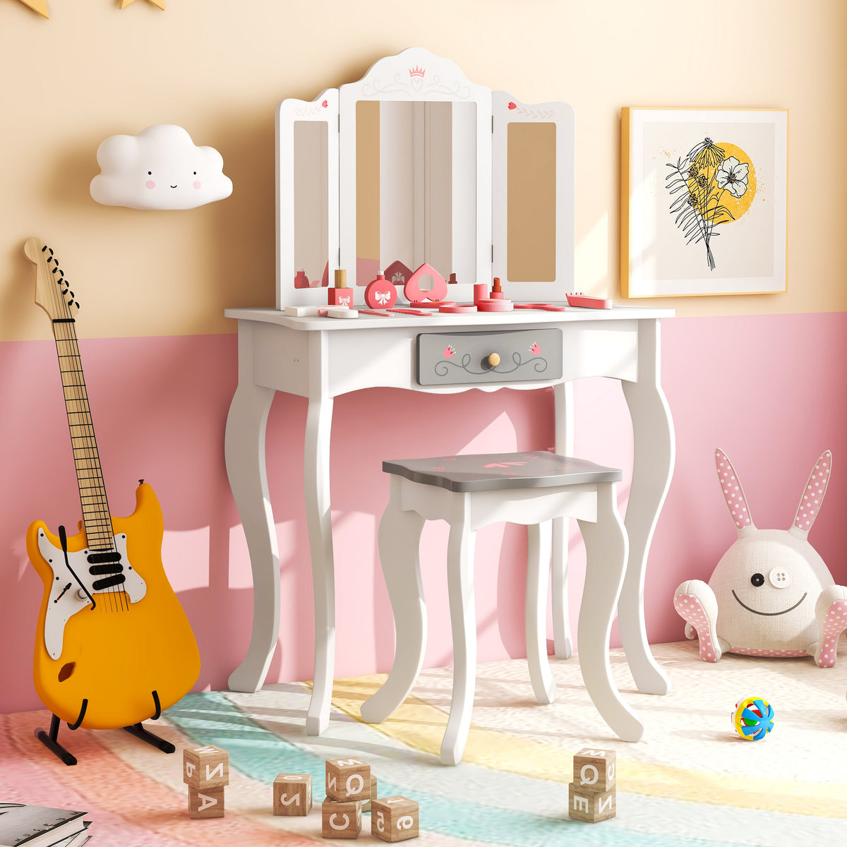 Kids Vanity Set with Tri-folding Mirror-White-Kids Vanities-DECOROLALA