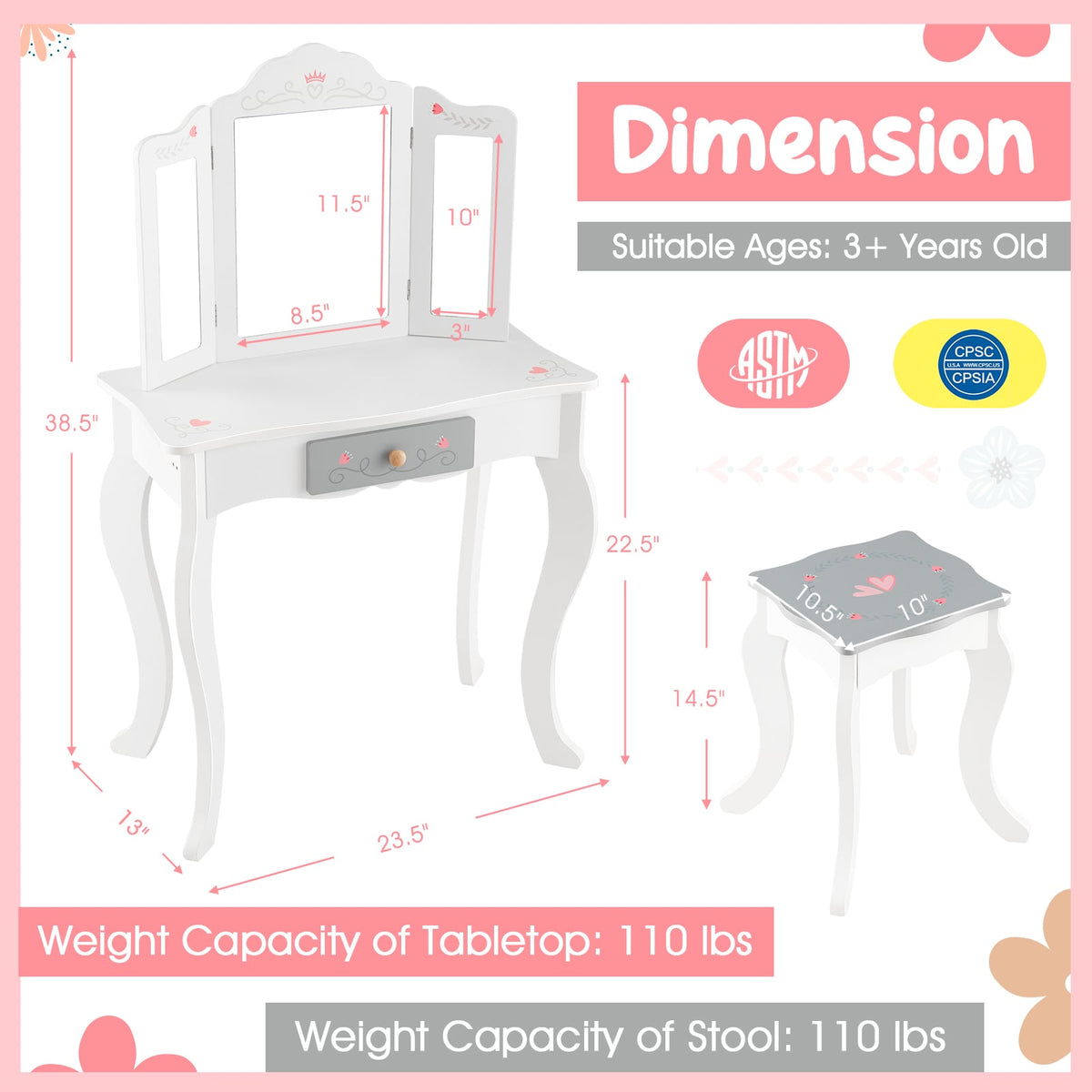 Kids Vanity Set with Tri-folding Mirror-White-Kids Vanities-DECOROLALA