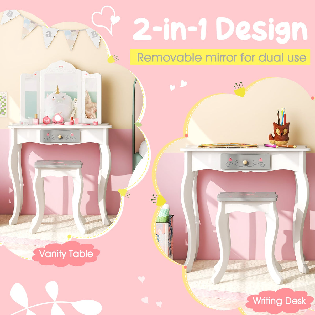 Kids Vanity Set with Tri-folding Mirror-White-Kids Vanities-DECOROLALA
