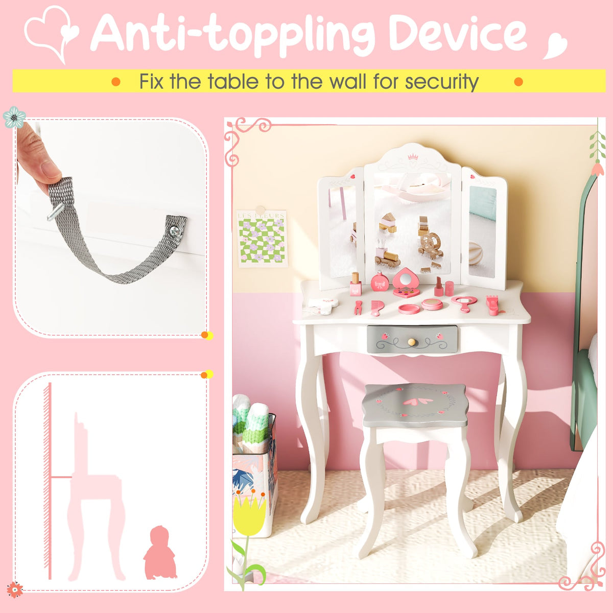 Kids Vanity Set with Tri-folding Mirror-White-Kids Vanities-DECOROLALA