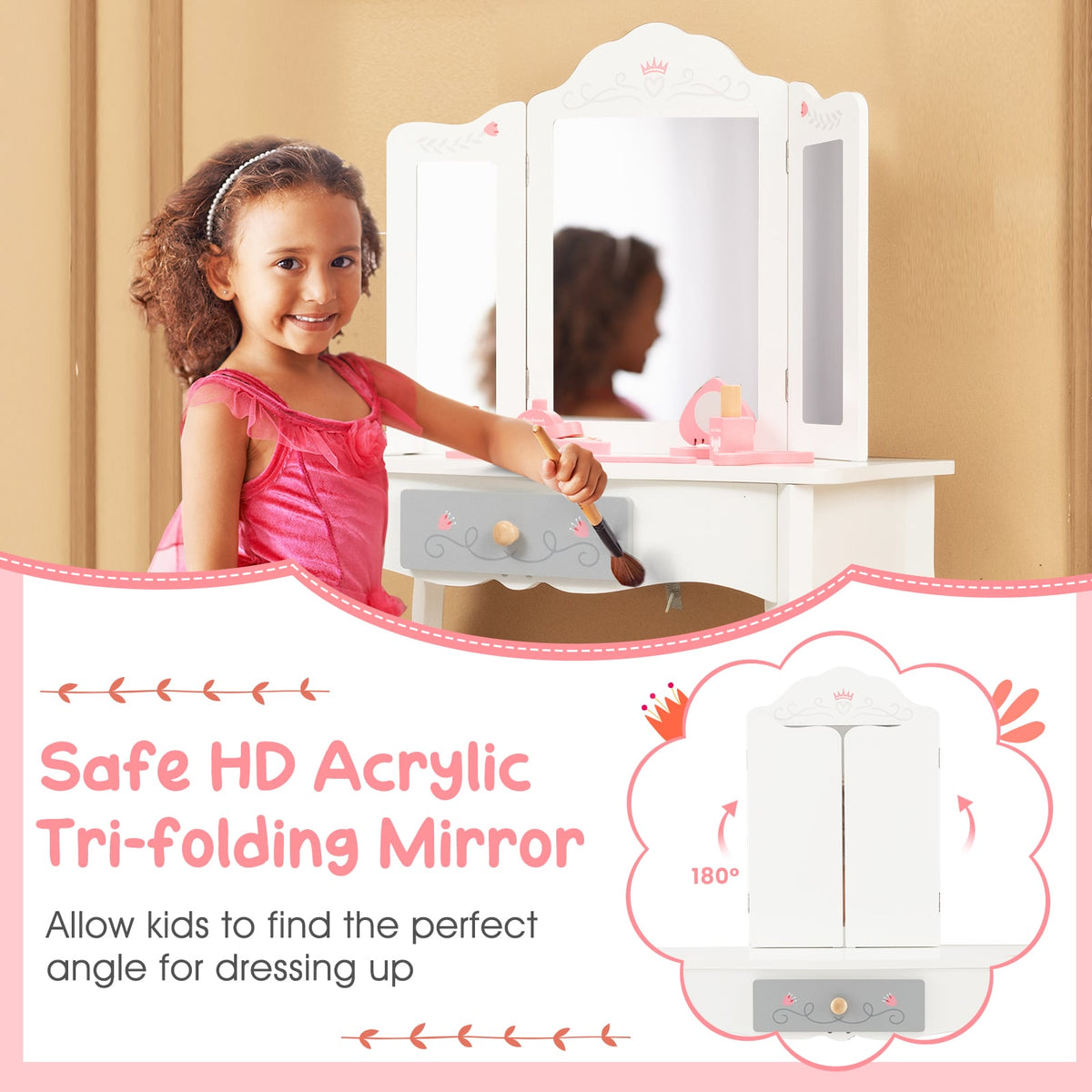 Kids Vanity Set with Tri-folding Mirror-White-Kids Vanities-DECOROLALA