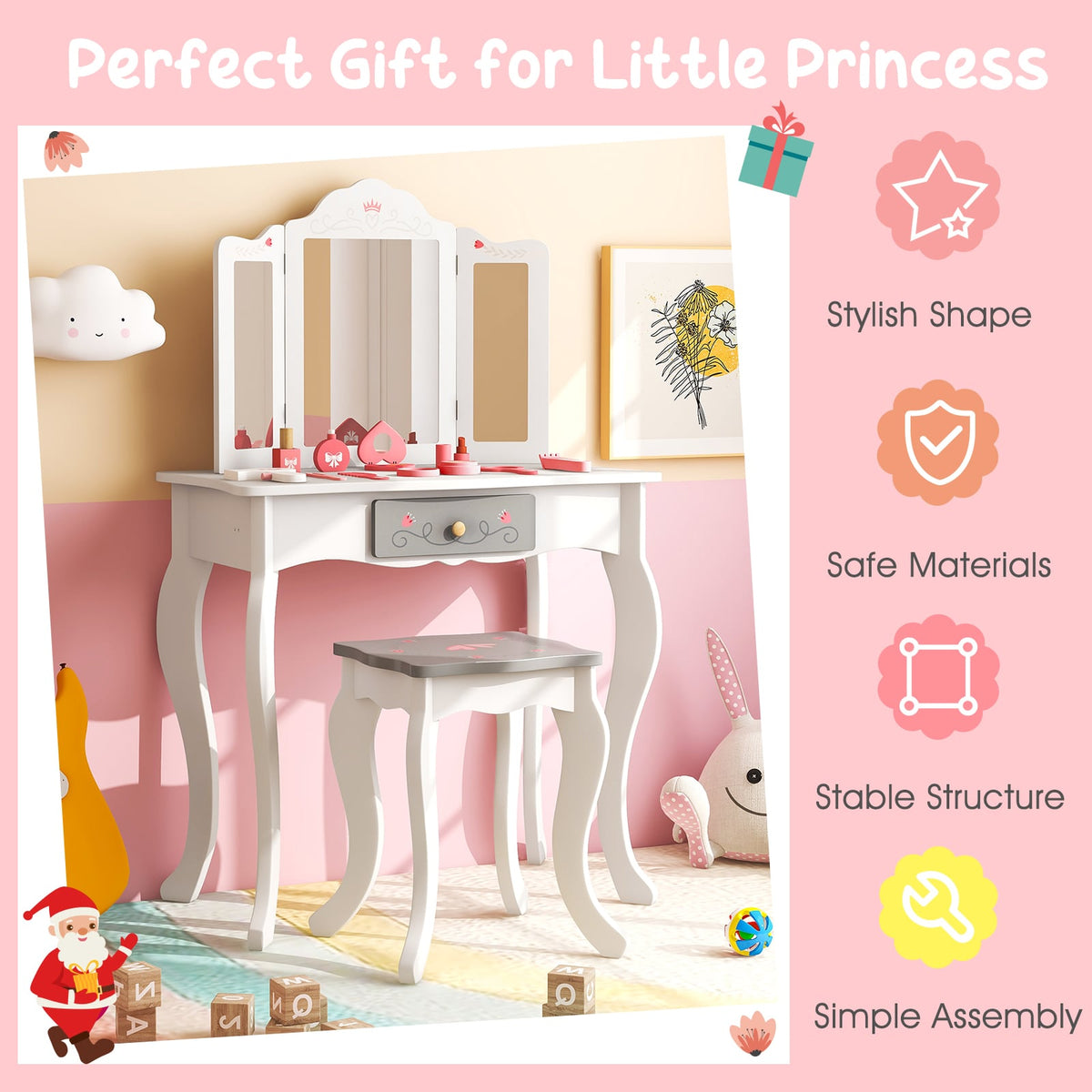 Kids Vanity Set with Tri-folding Mirror-White-Kids Vanities-DECOROLALA