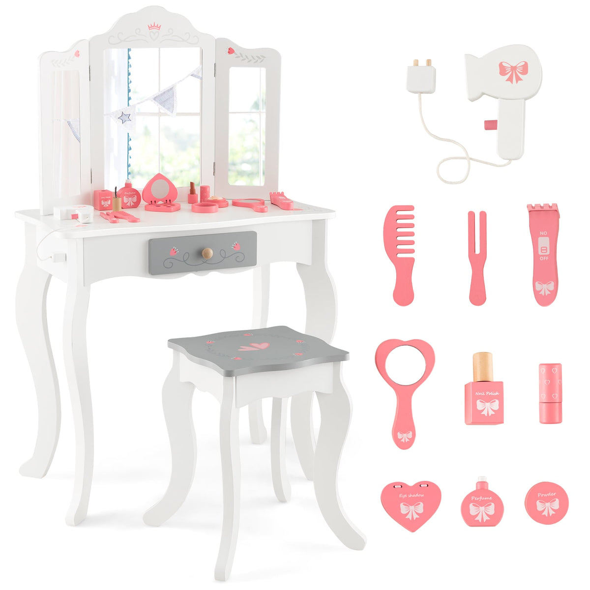 Kids Vanity Set with Tri-folding Mirror-White-Kids Vanities-DECOROLALA
