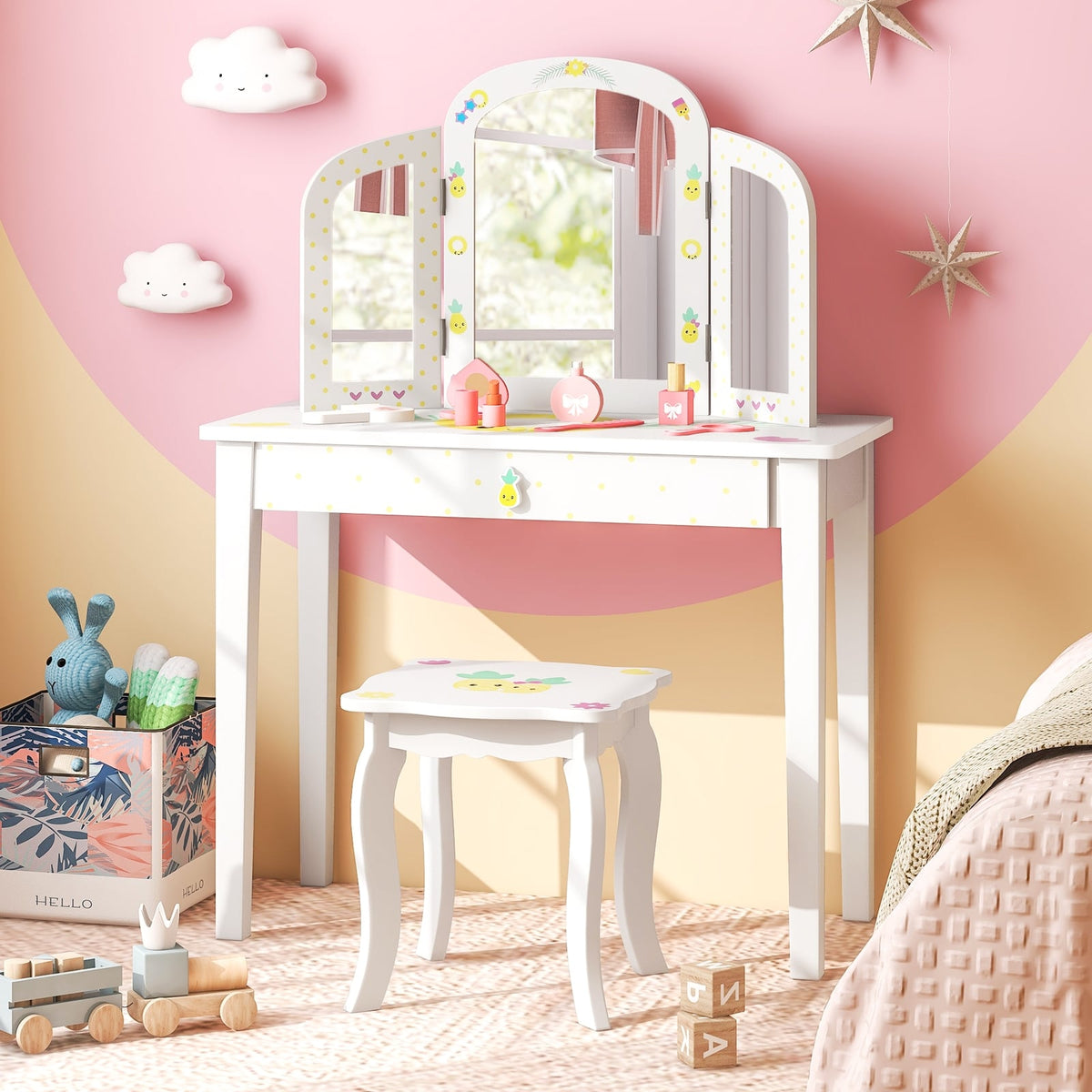 Kids Vanity Table Set with Tri-Folding Mirror and Large Drawer-White-Kids Vanities-DECOROLALA